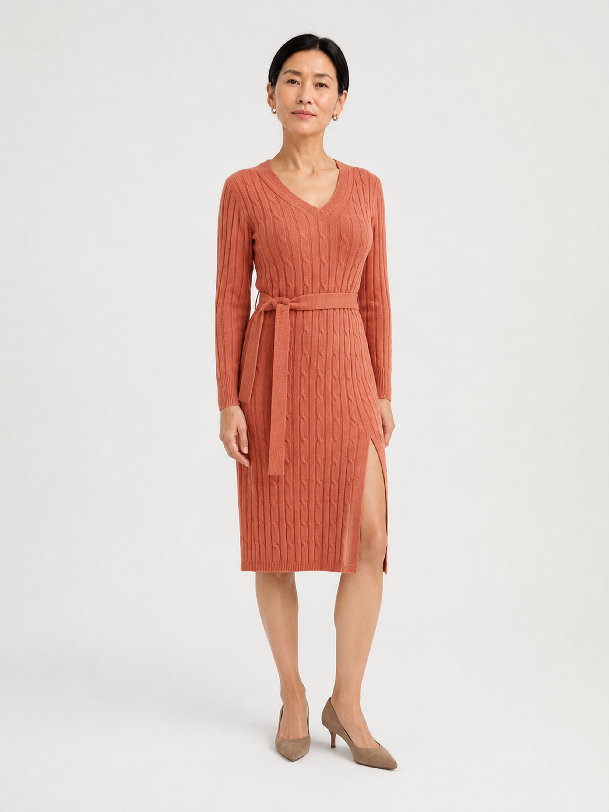 MY011 orange red v-neck belted knit dress front model view