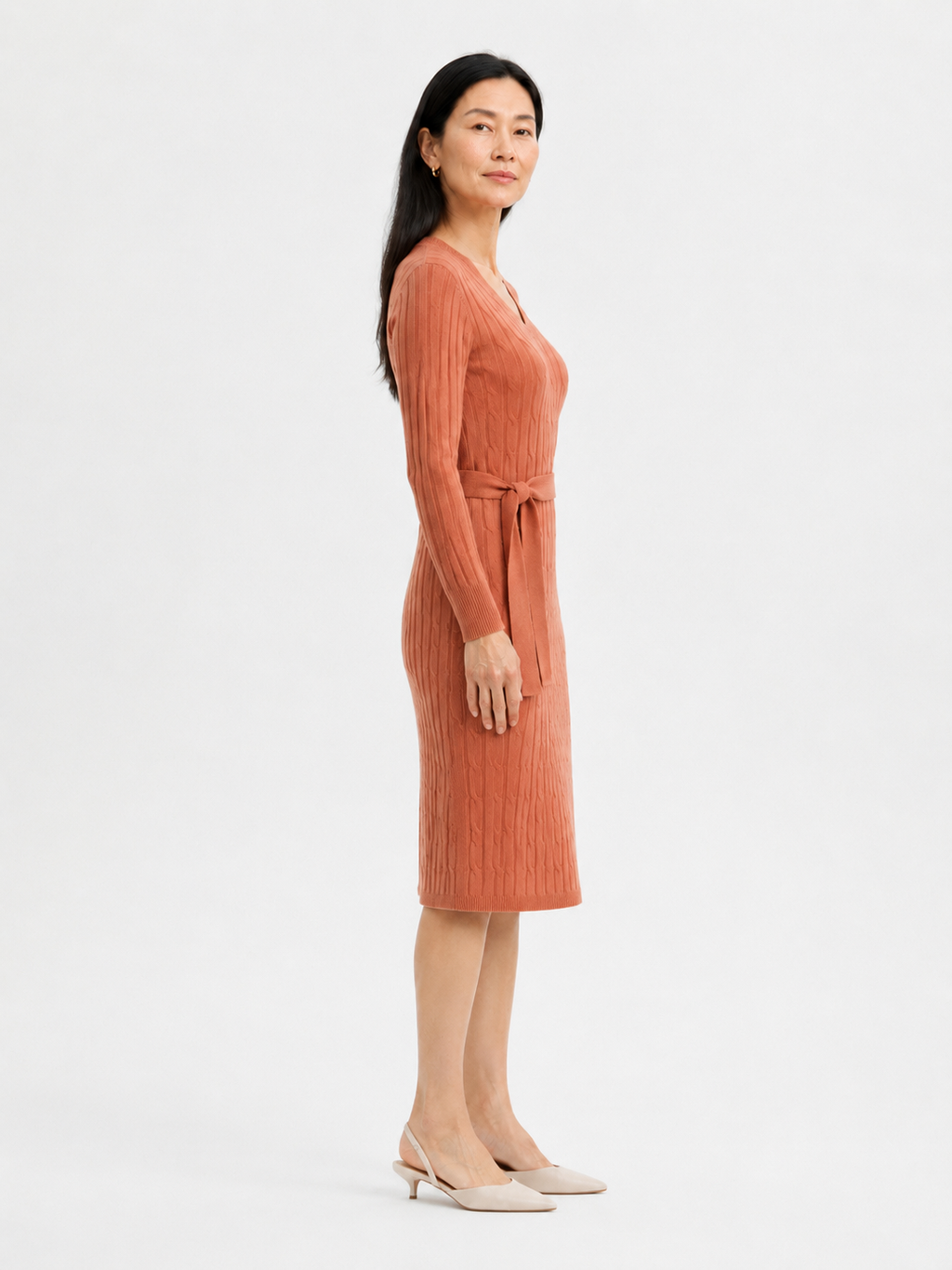 MY011 orange red v-neck belted knit dress side model view