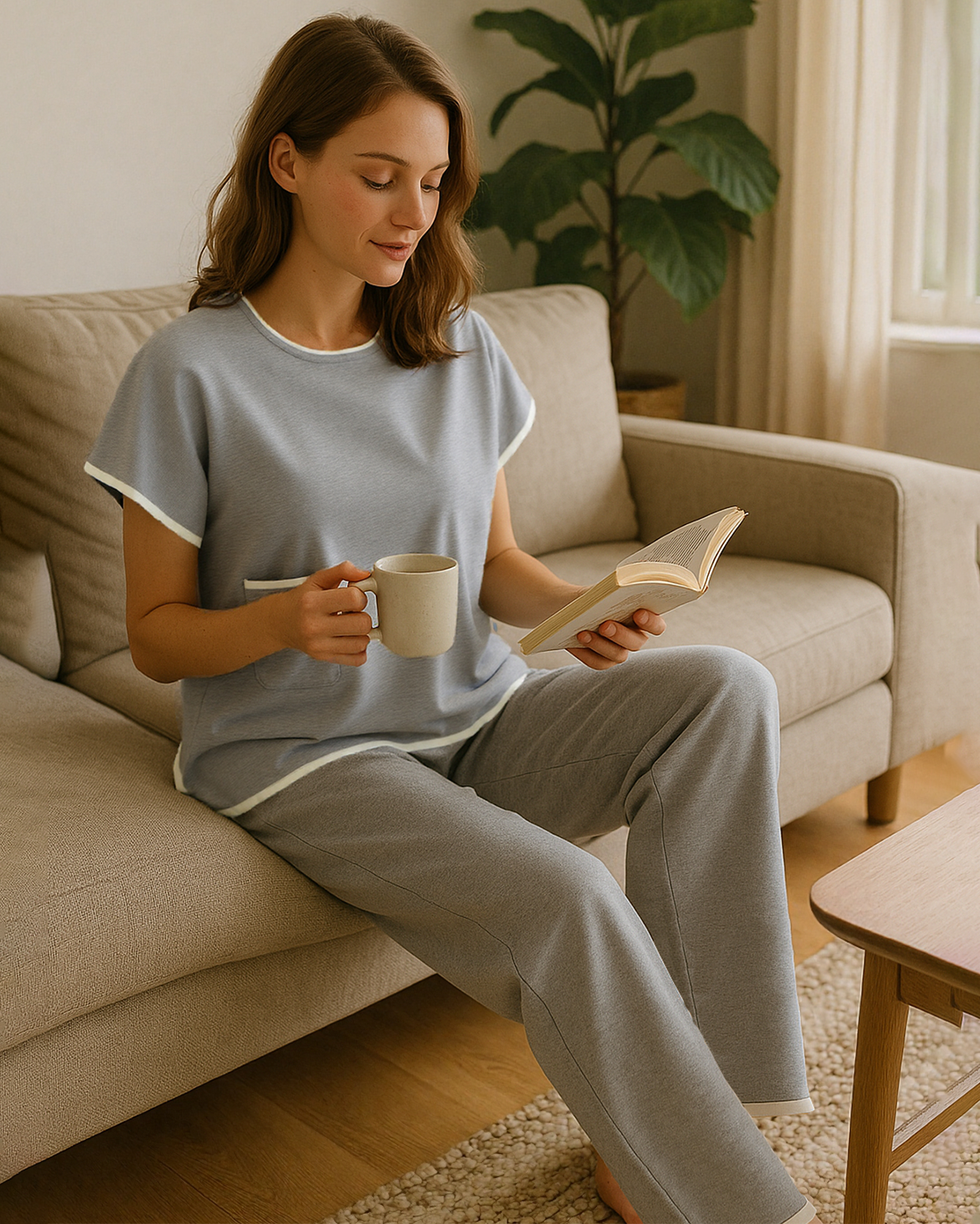 Light Gray Contrast Knit Loungewear Set