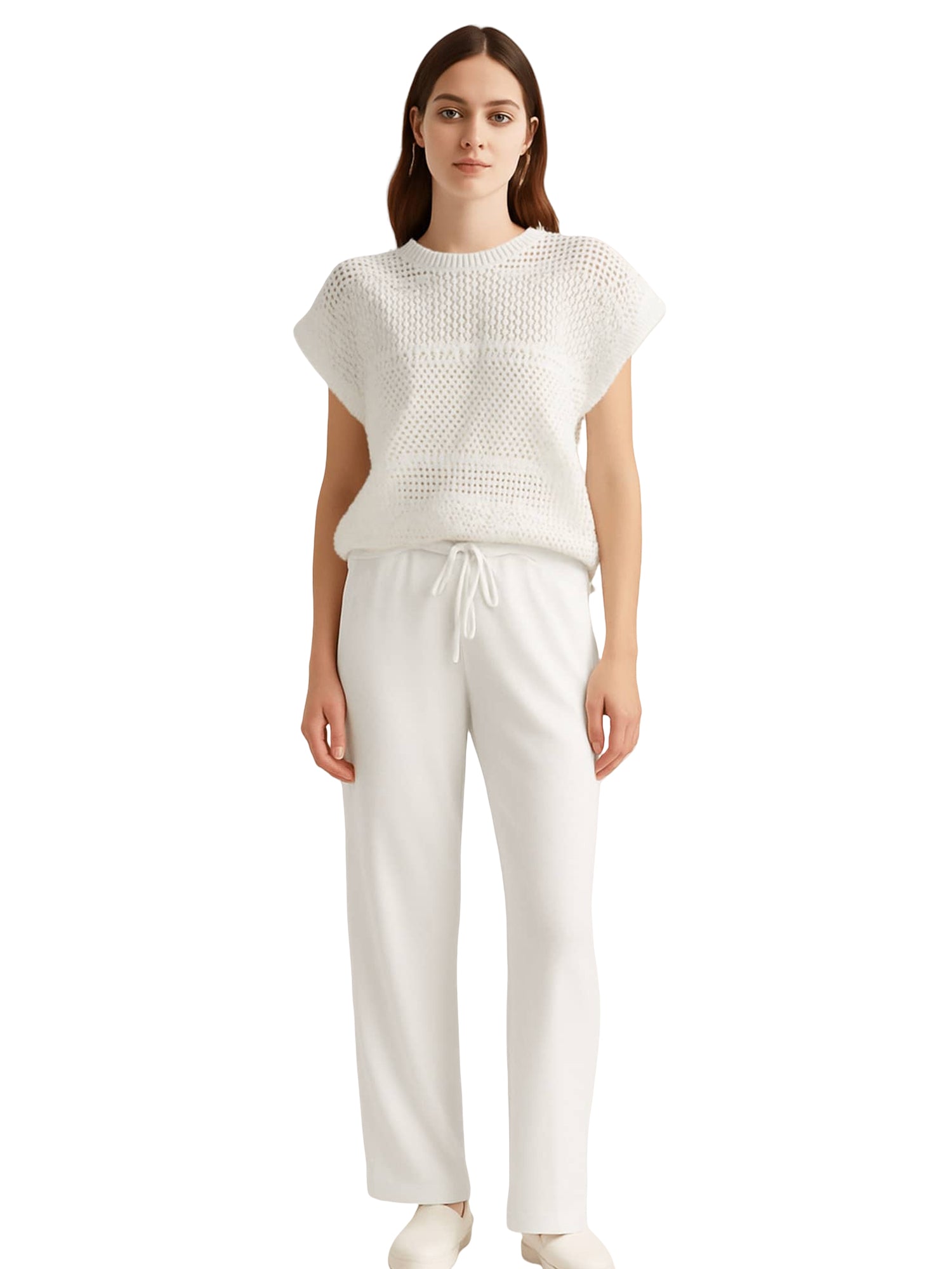 White Knitted Loungewear Set with Hollow - out