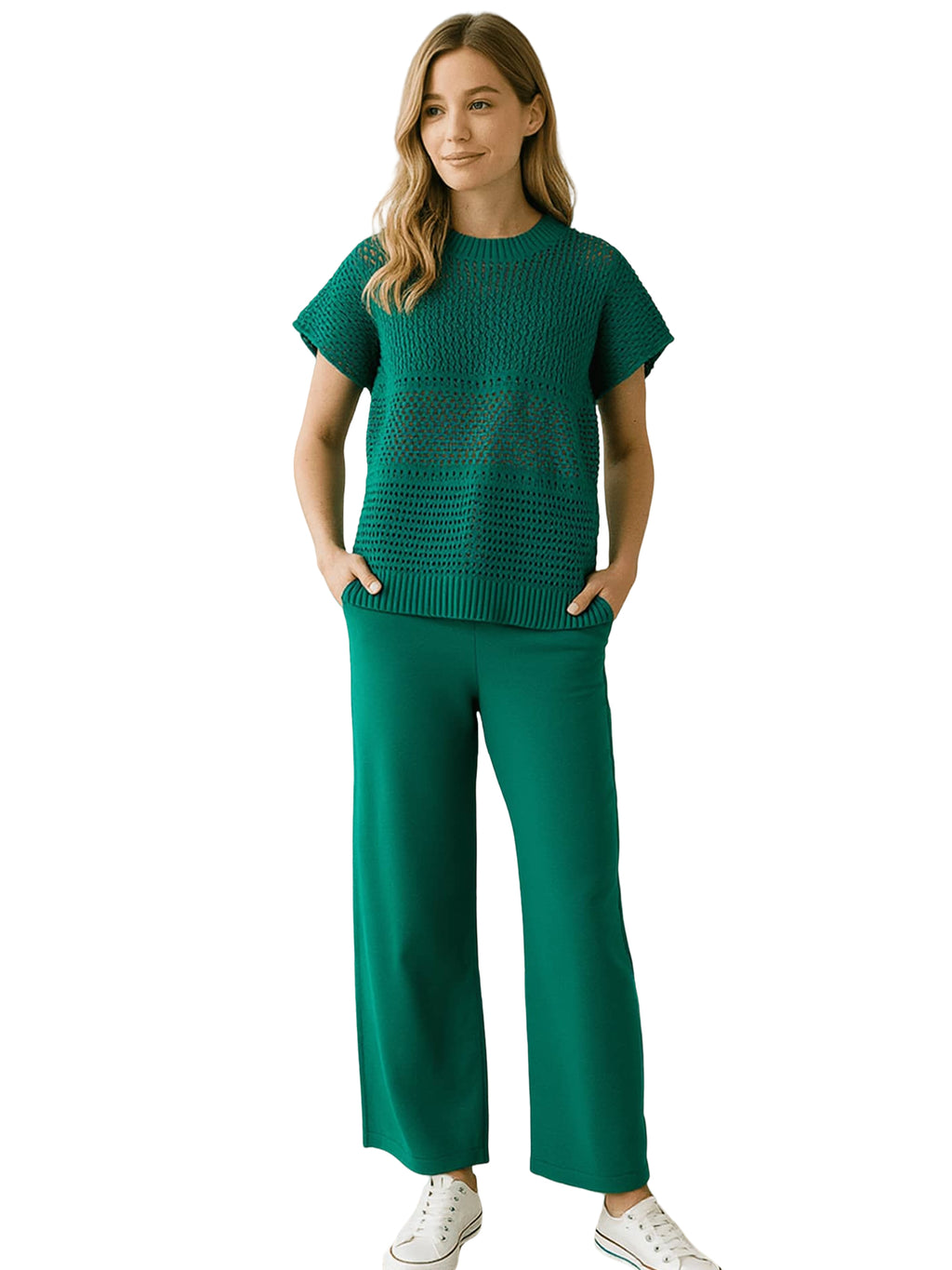 Green Hollow - out Knitted Loungewear Set