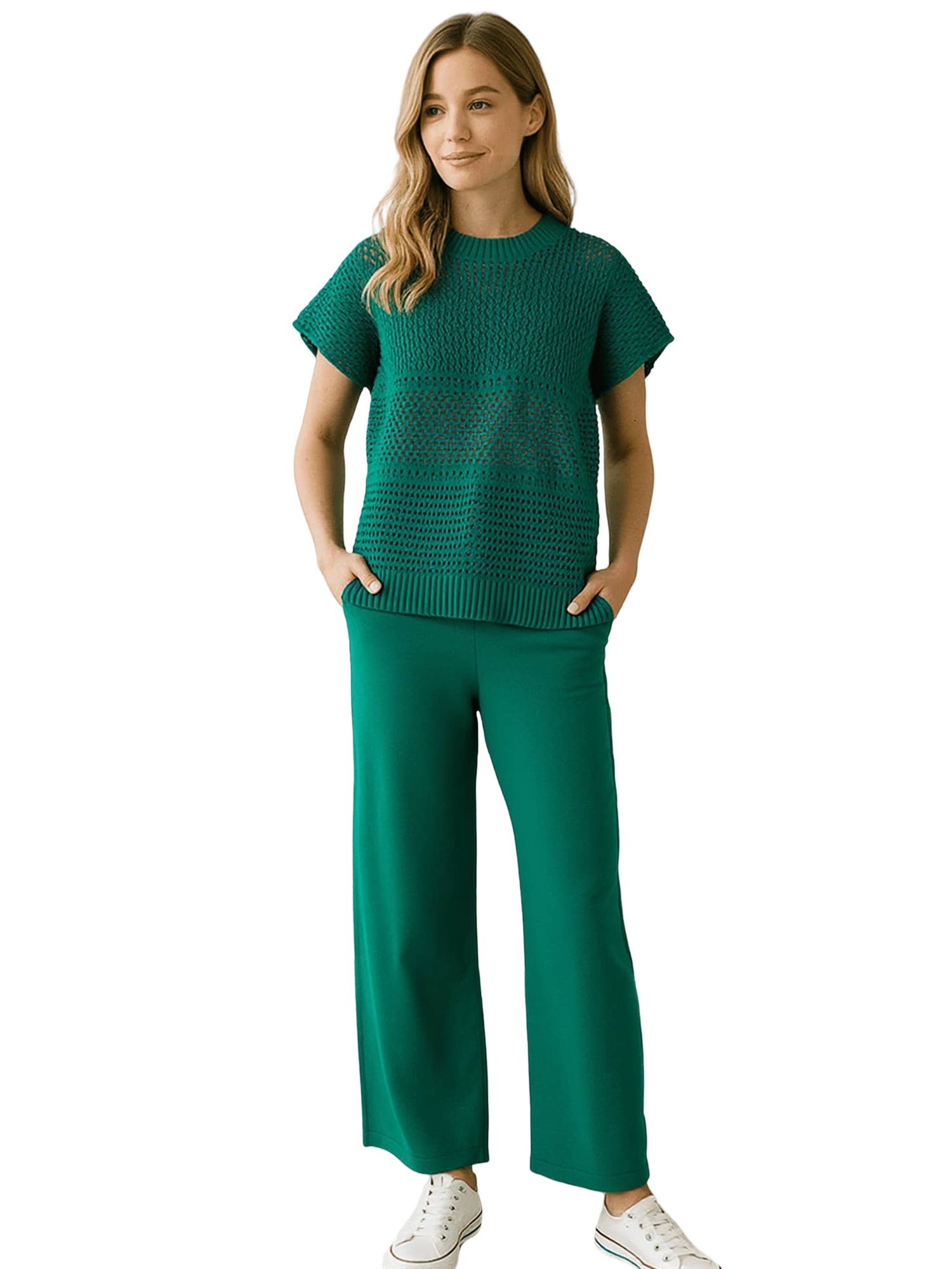 Green Hollow - out Knitted Loungewear Set