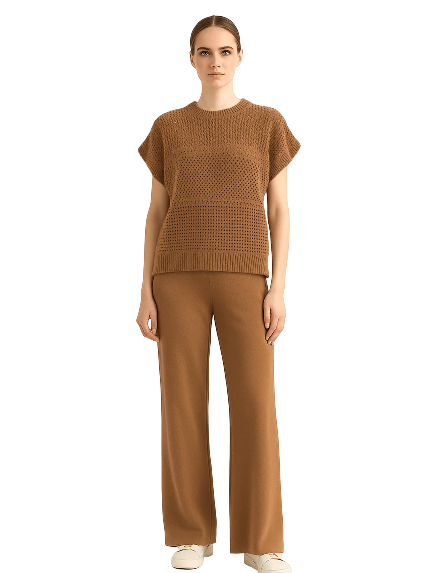 Brown Hollow - out Knitted Loungewear Set
