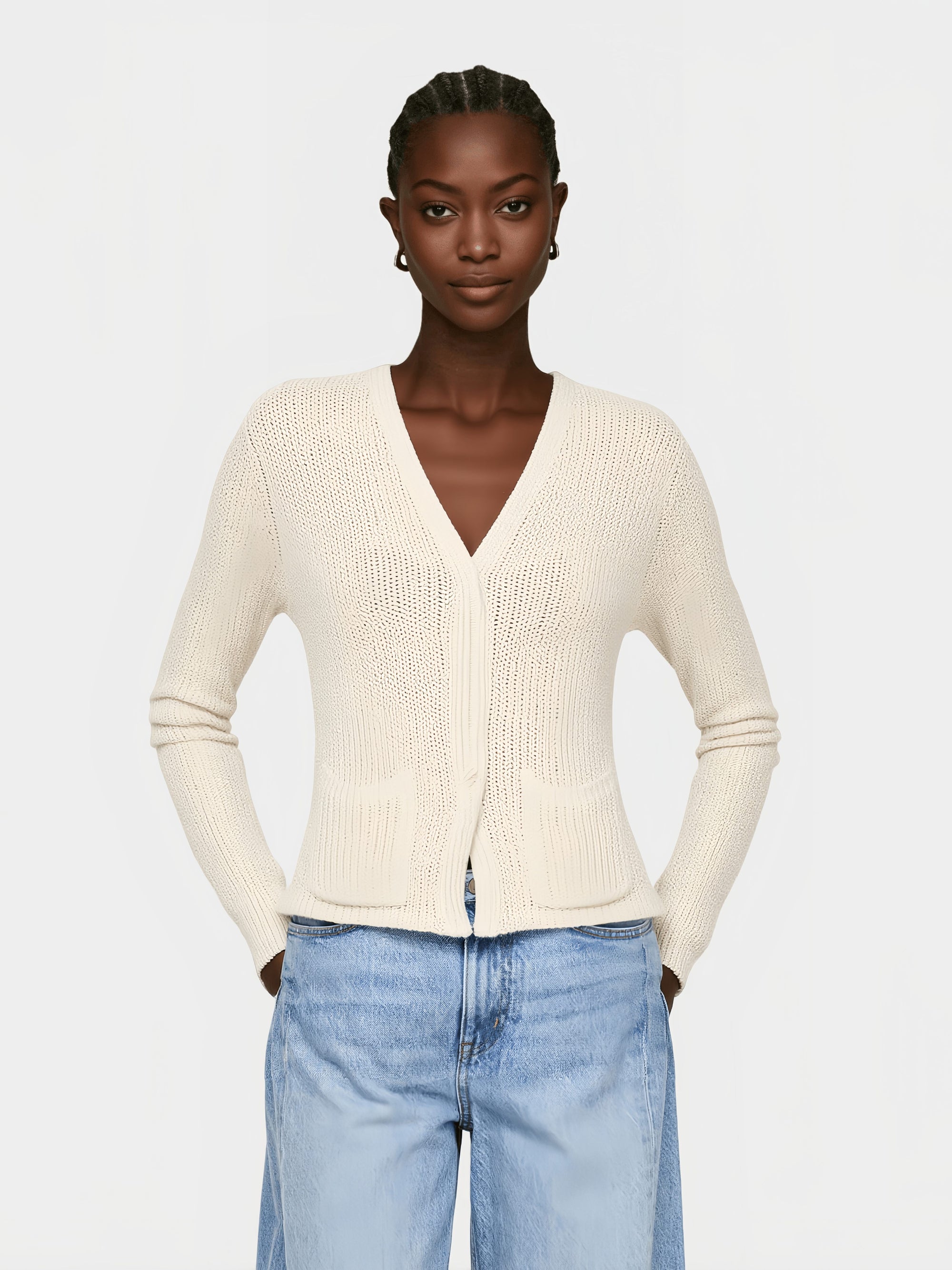 Cream V - Neck Knit Cardigan