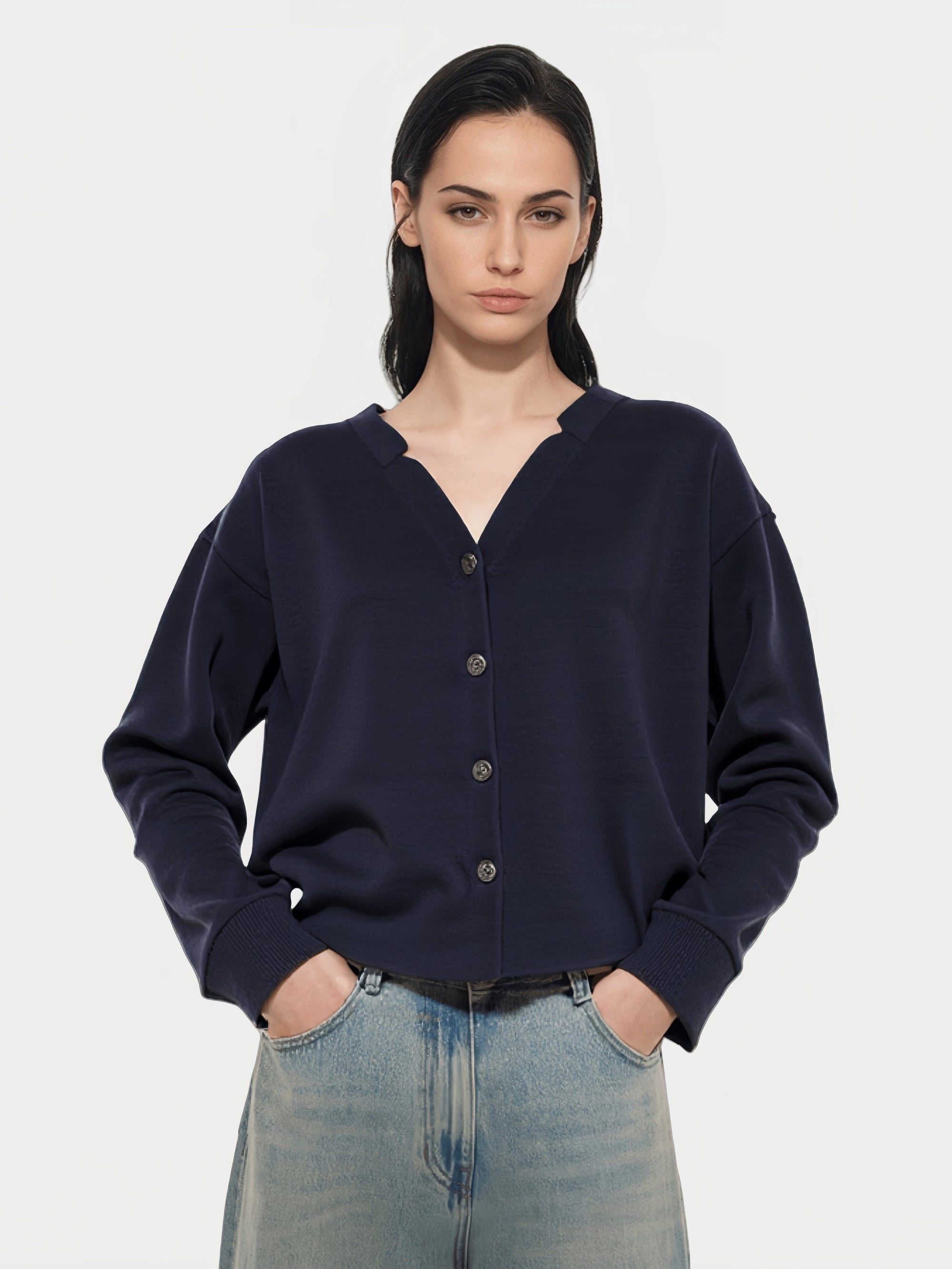 Navy V - Neck Knit Cardigan