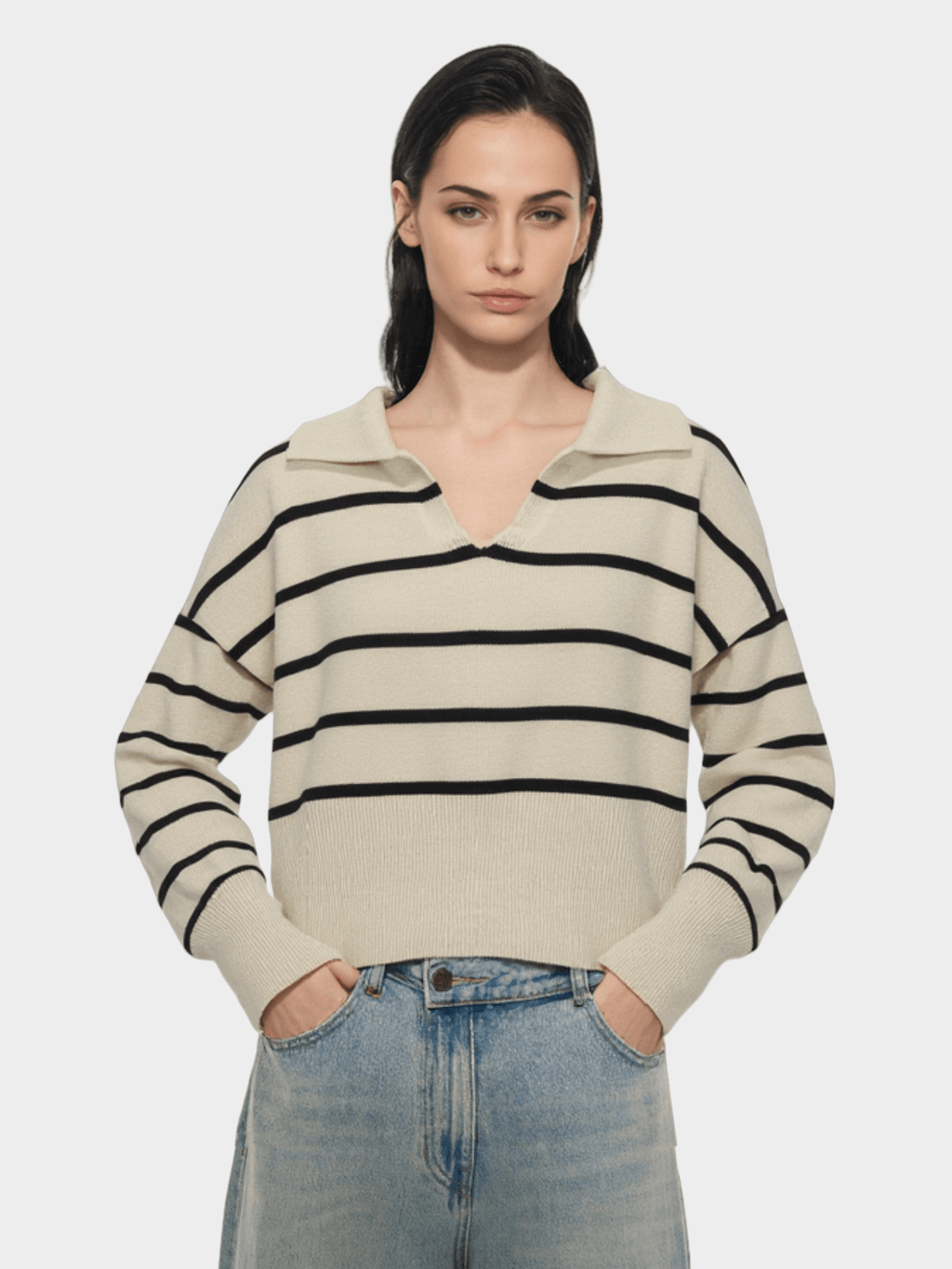 Beige & Black Striped Polo Knit Top