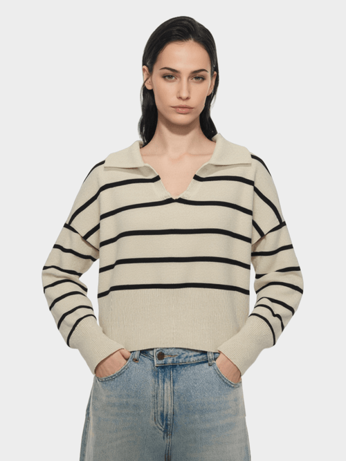 Beige & Black Striped Polo Knit Top