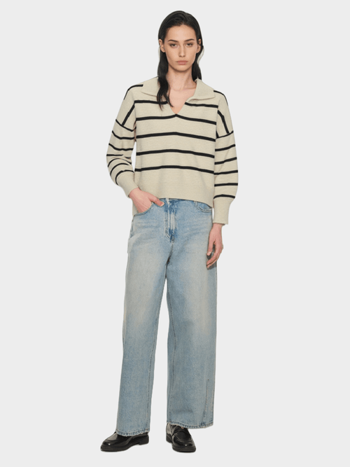 Beige & Black Striped Polo Knit Top