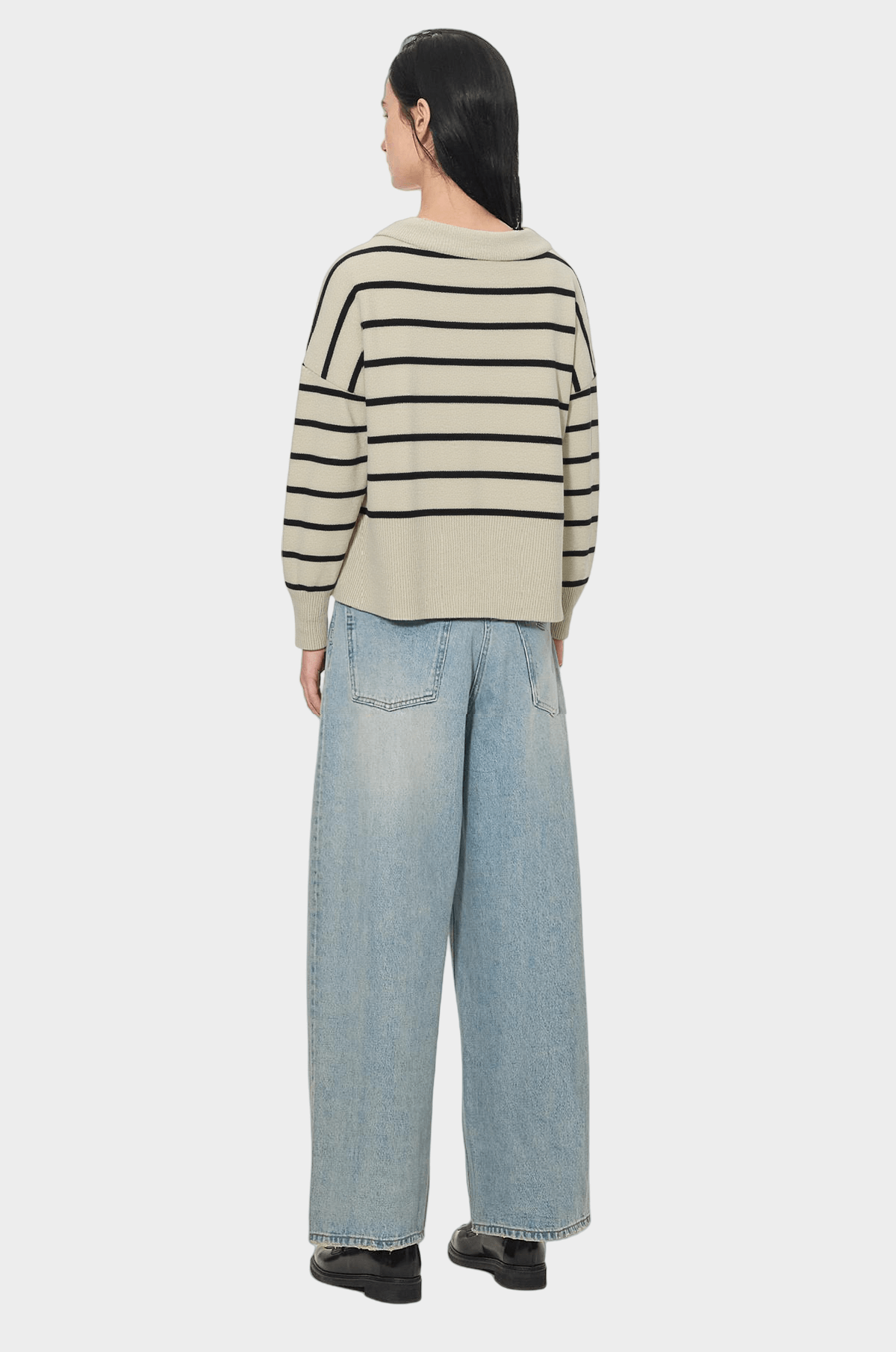 Beige & Black Striped Polo Knit Top
