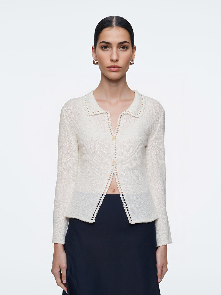 White Scallop - Trim Knit Cardigan