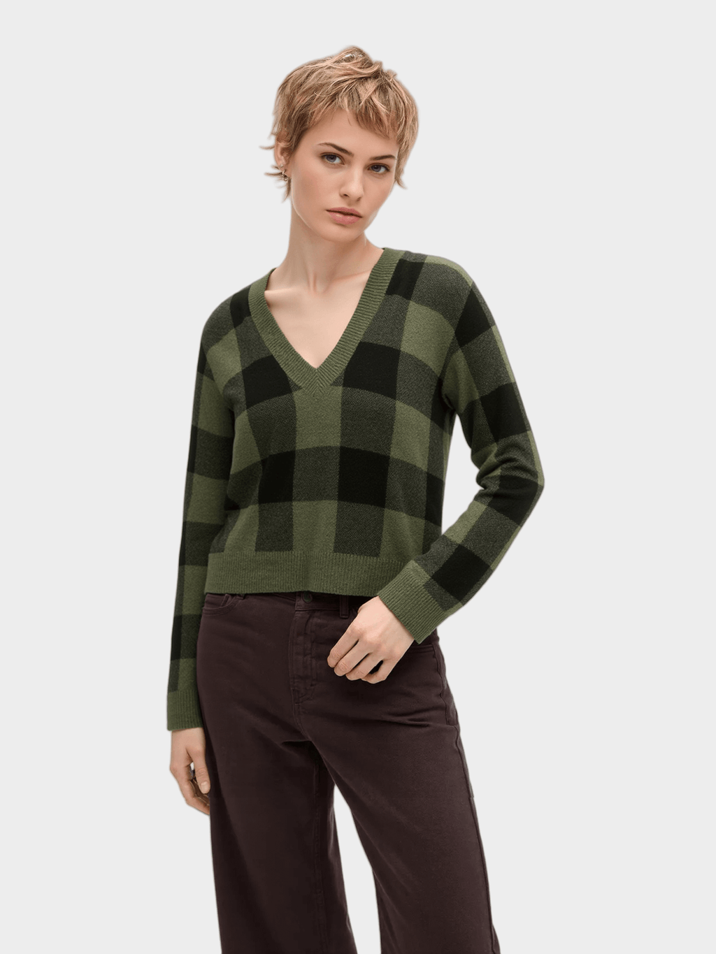 Green & Black Checkered V - Neck Sweater