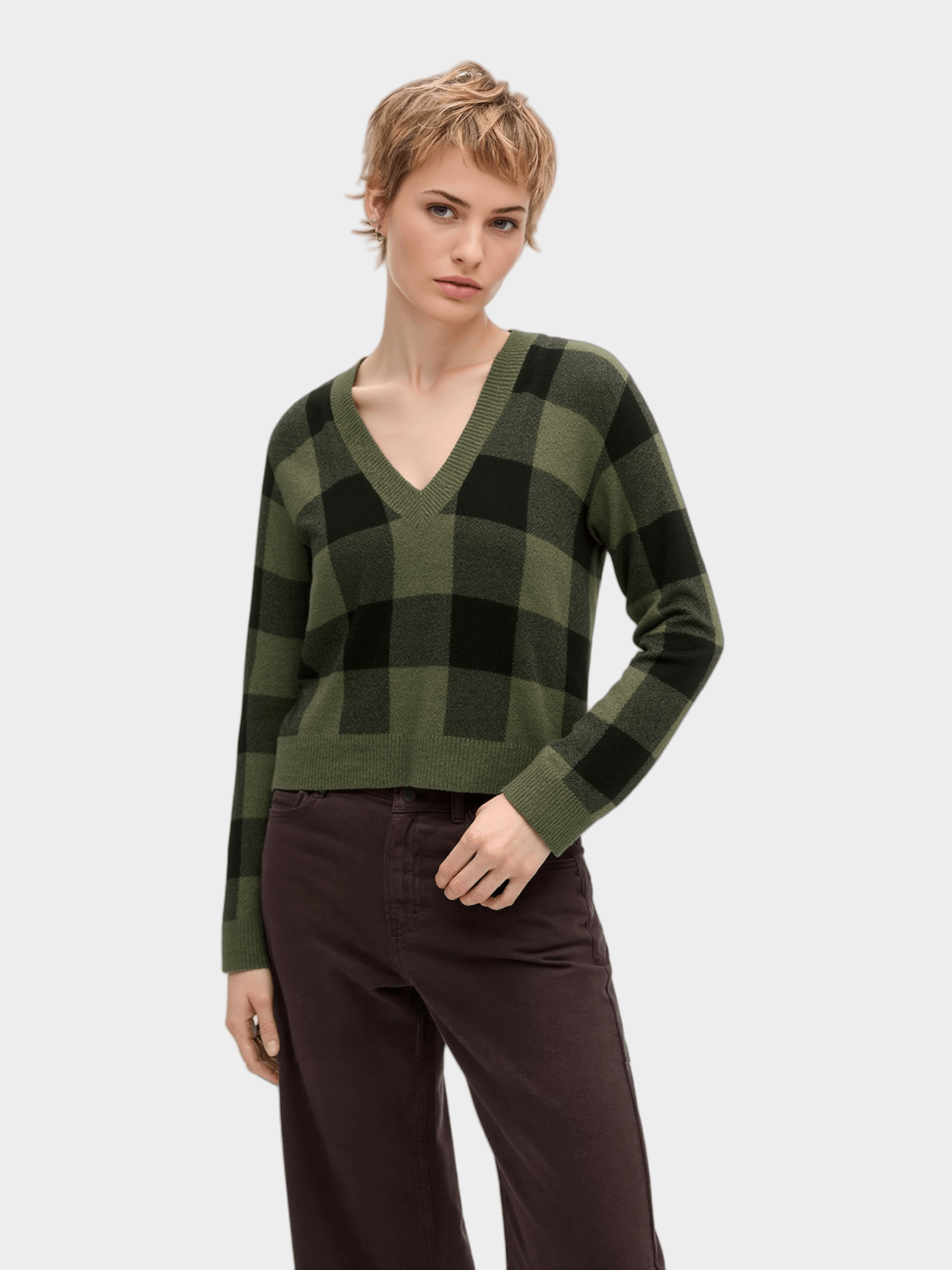 Green & Black Checkered V - Neck Sweater