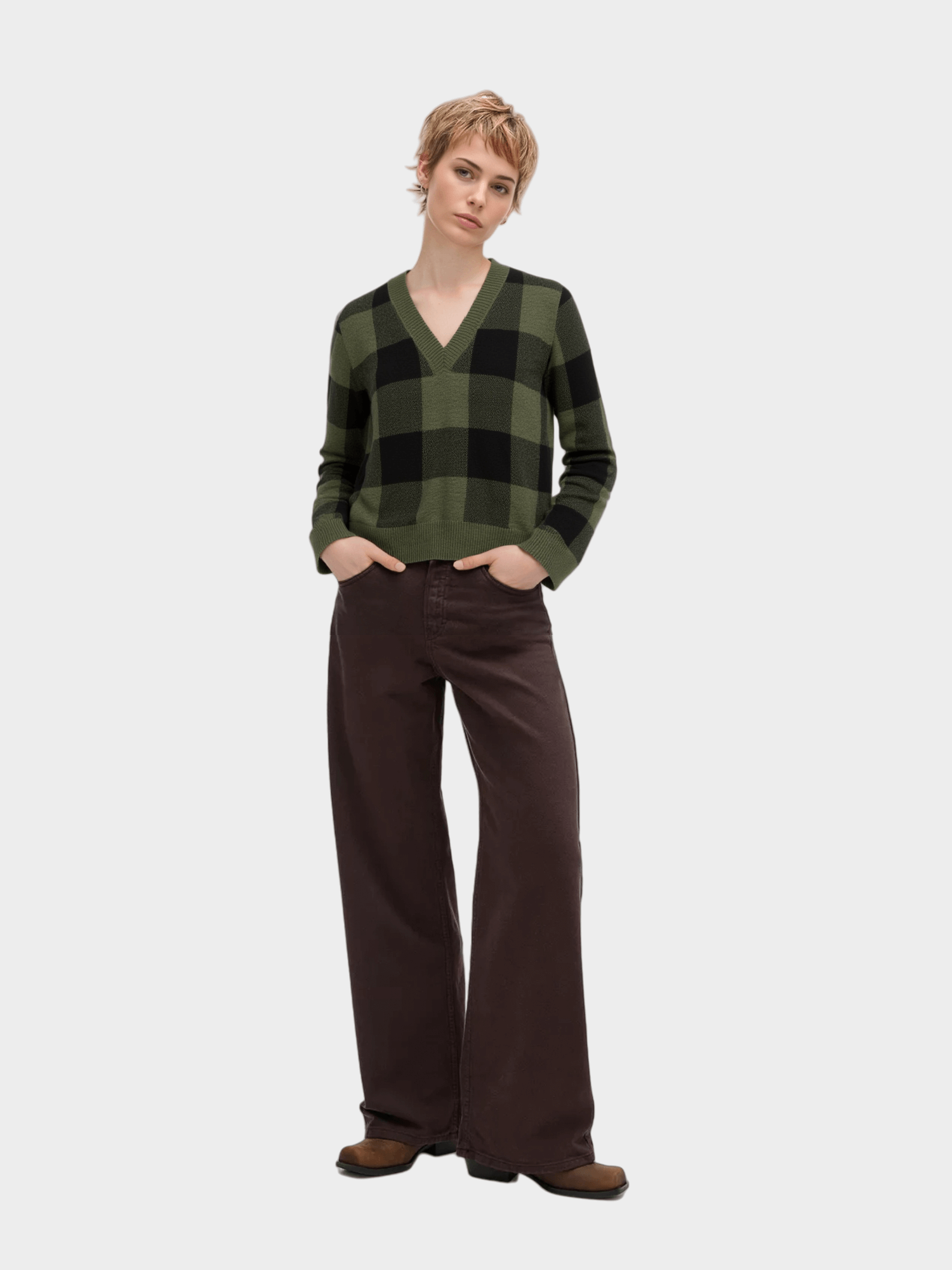 Green & Black Checkered V - Neck Sweater