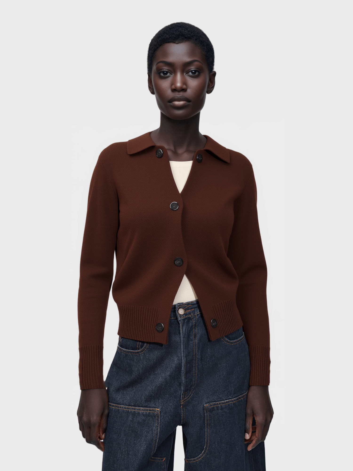 Brown Collared Knit Cardigan