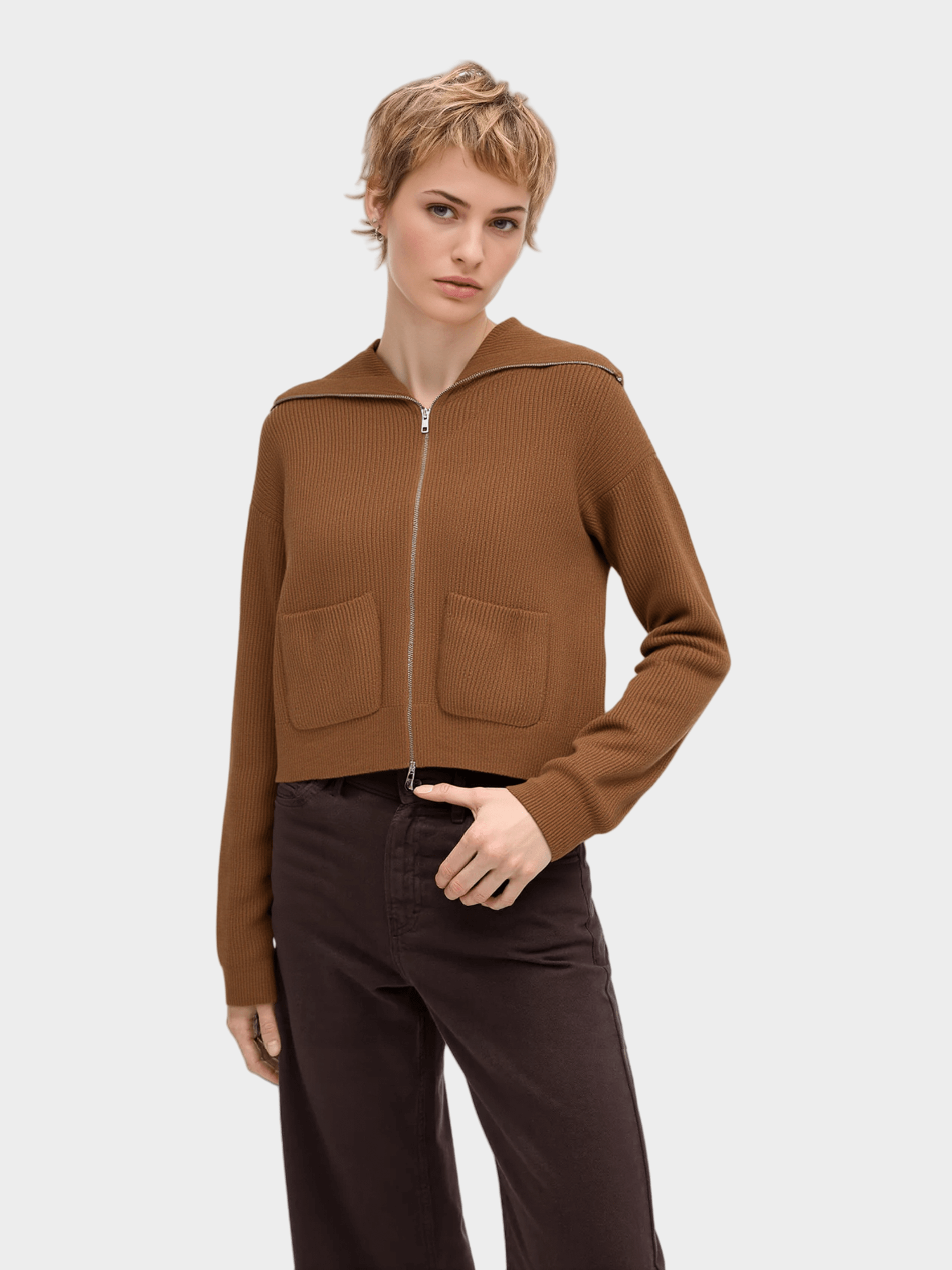 Brown Zip - Up Cropped Knit Cardigan