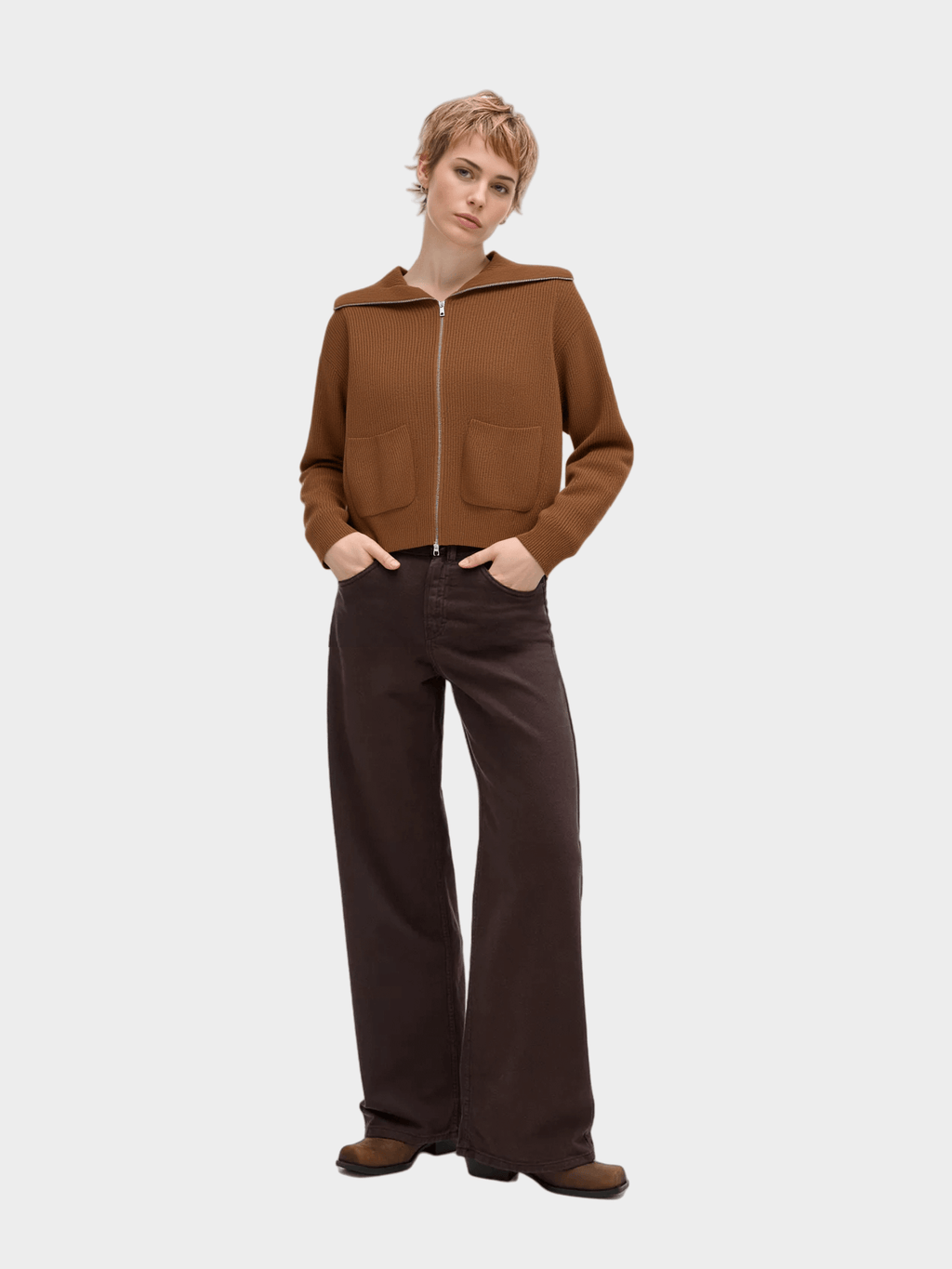 Brown Zip - Up Cropped Knit Cardigan
