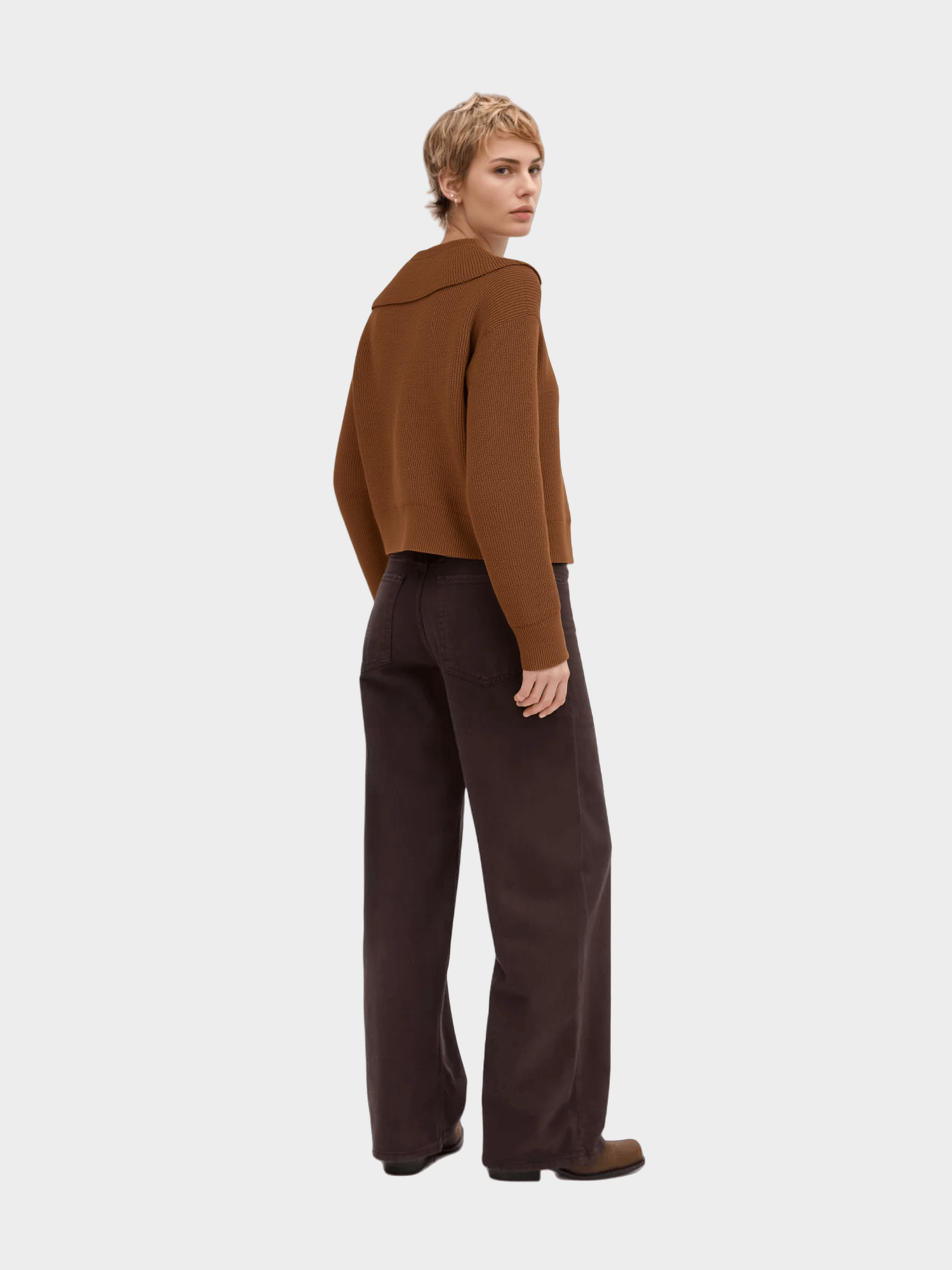 Brown Zip - Up Cropped Knit Cardigan