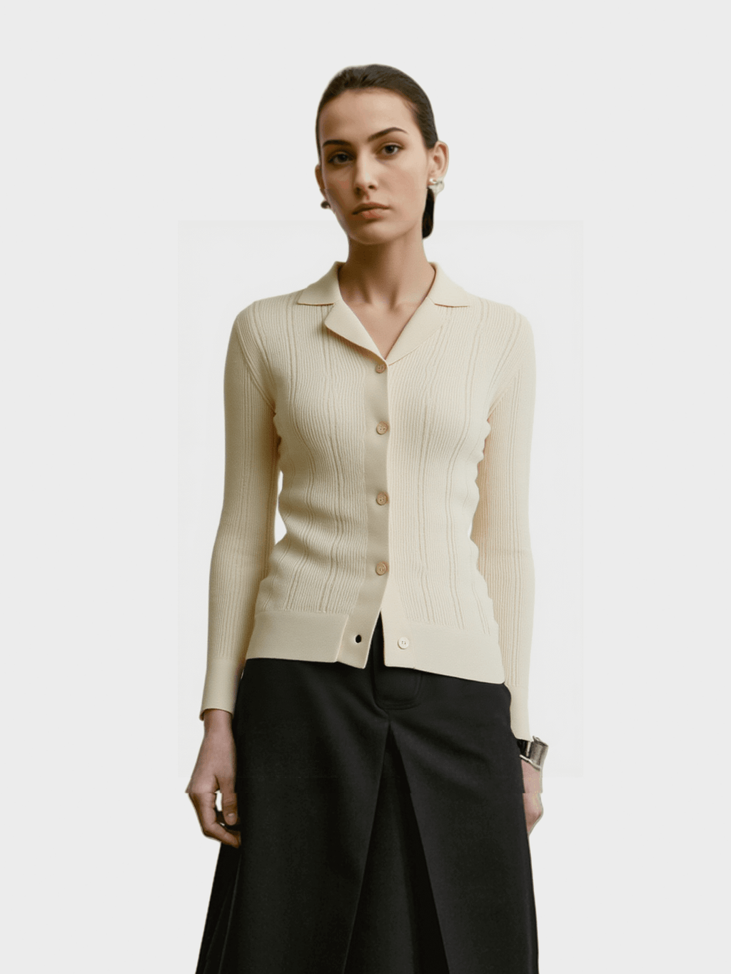 Cream Ribbed Collared Cardigan