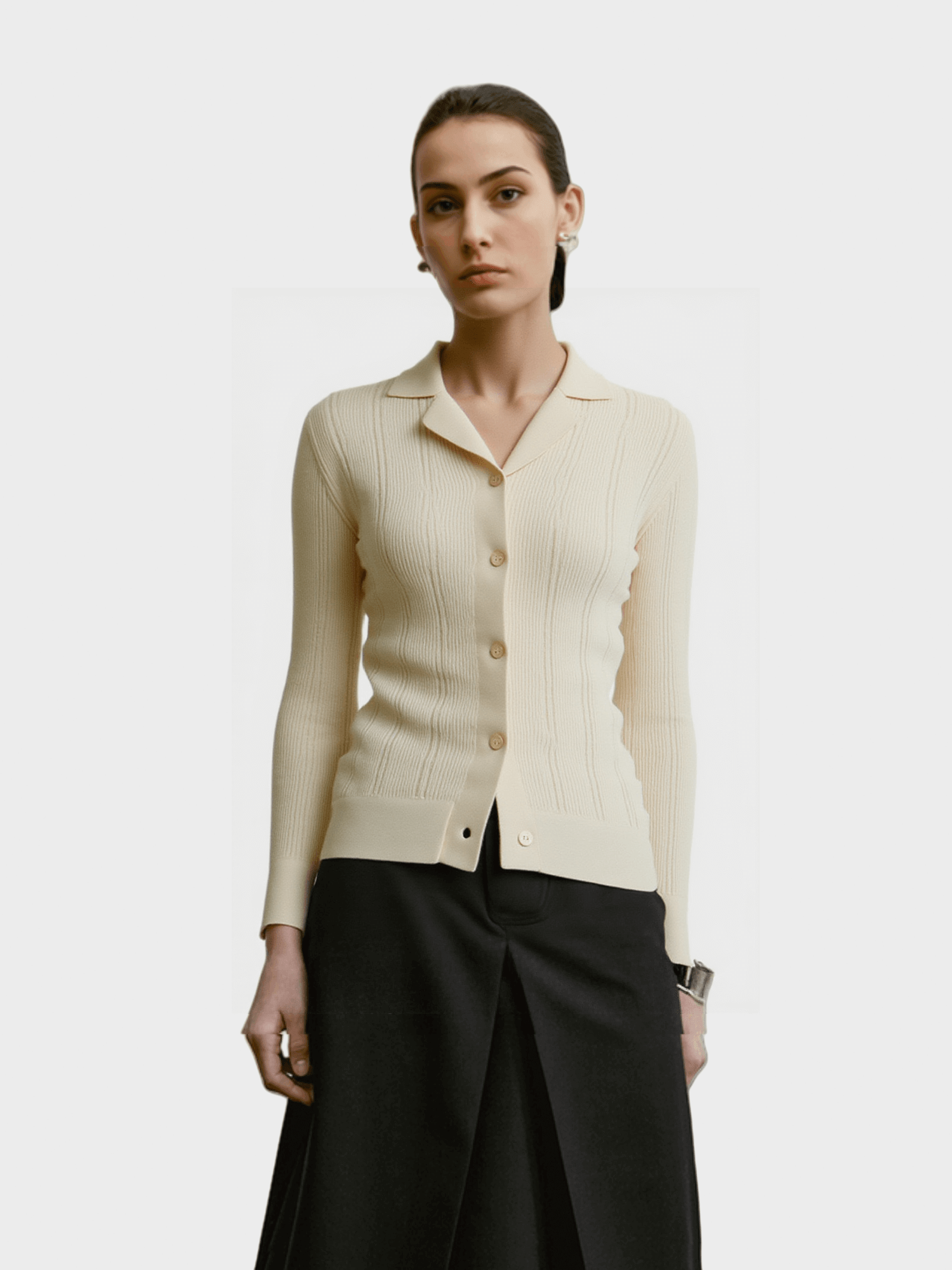 Cream Ribbed Collared Cardigan