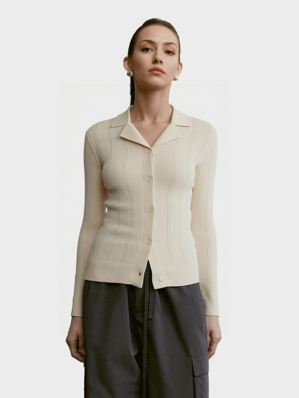 Cream Ribbed Collared Cardigan