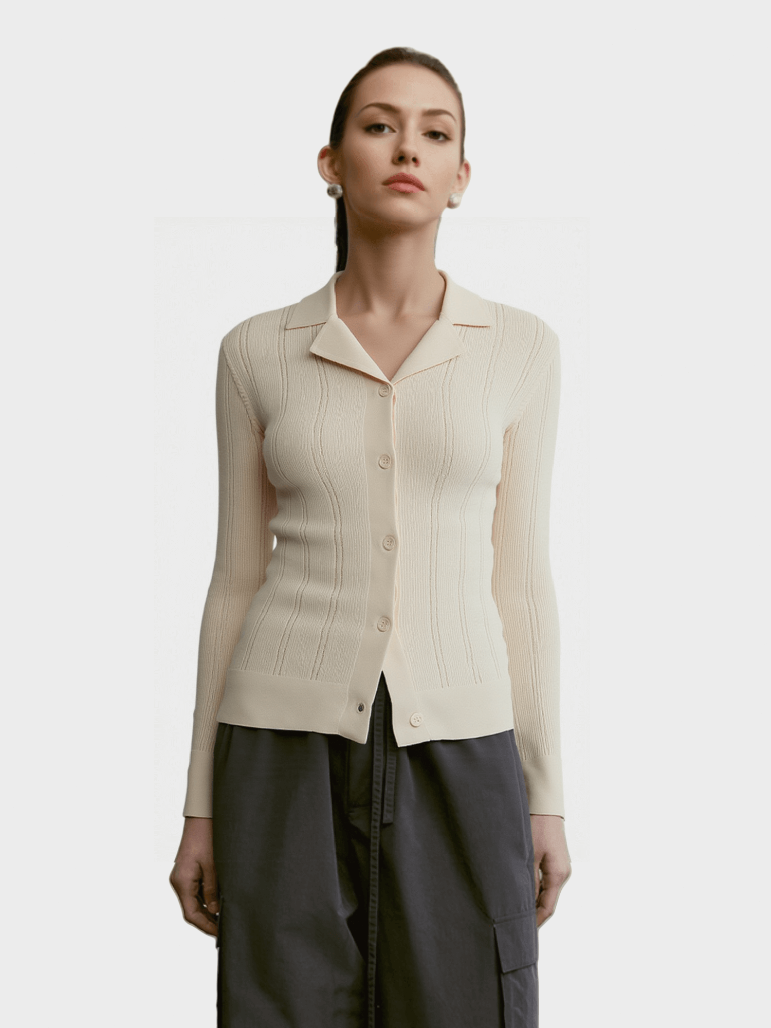 Cream Ribbed Collared Cardigan