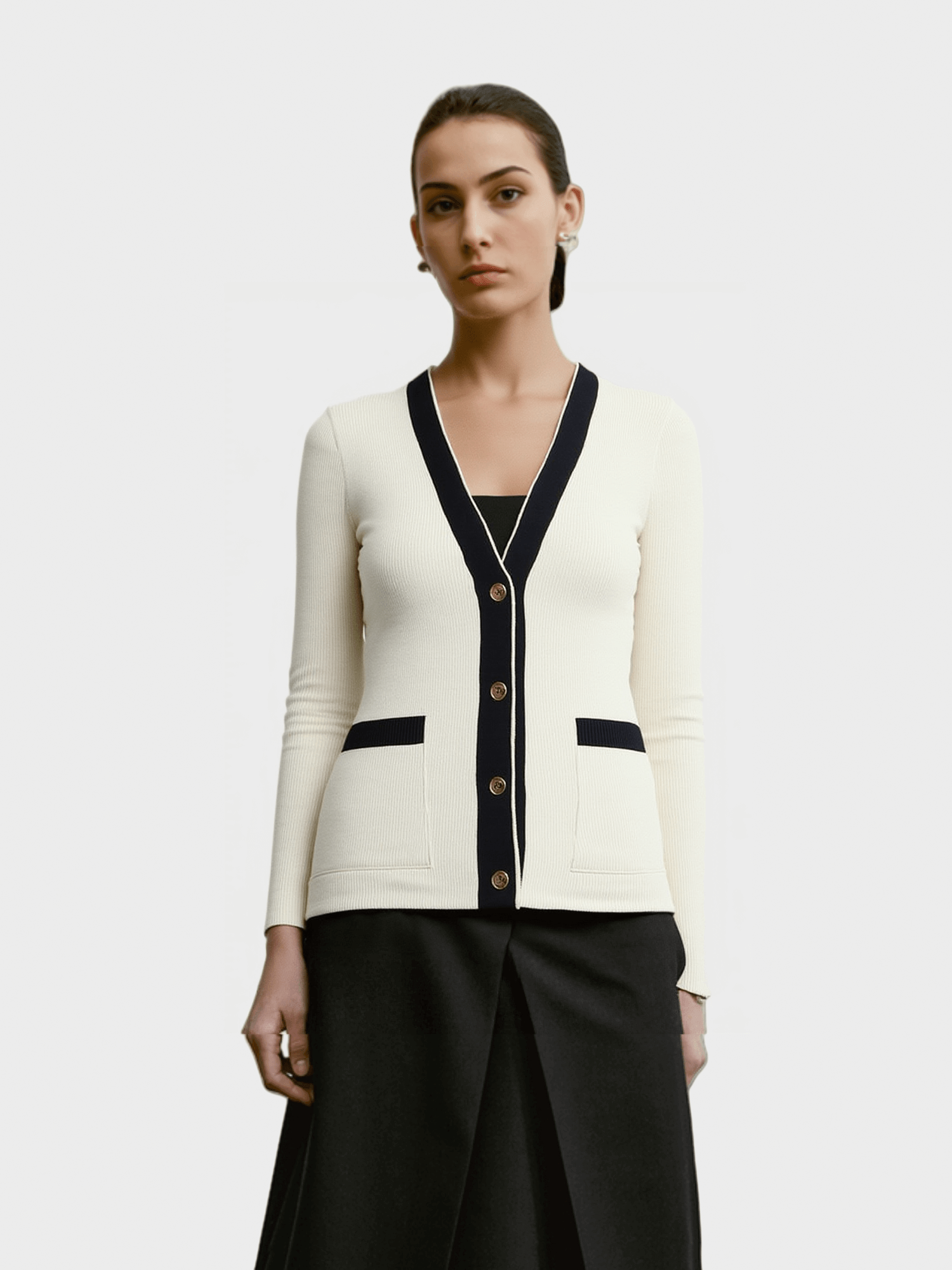 White & Black Trimmed V - Neck Cardigan