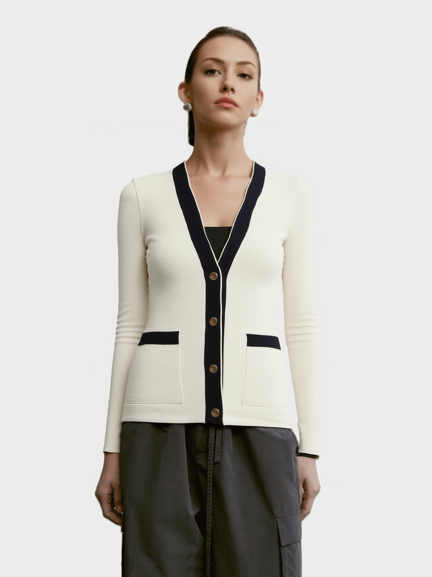 White & Black Trimmed V - Neck Cardigan