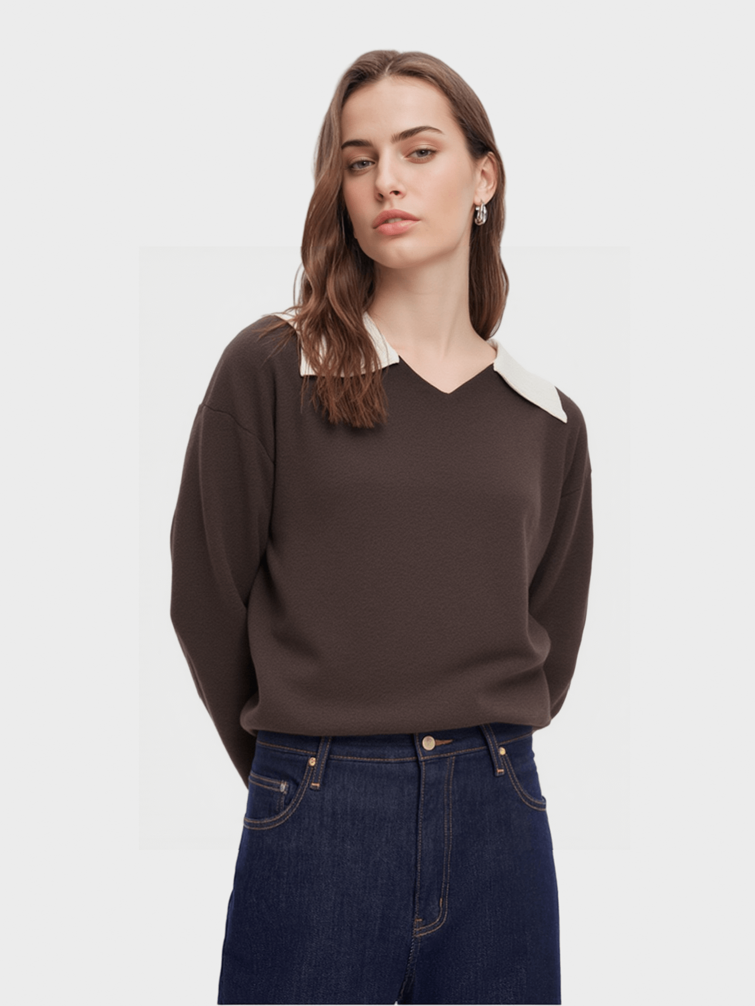 Brown V - Neck Sweater with White Collar