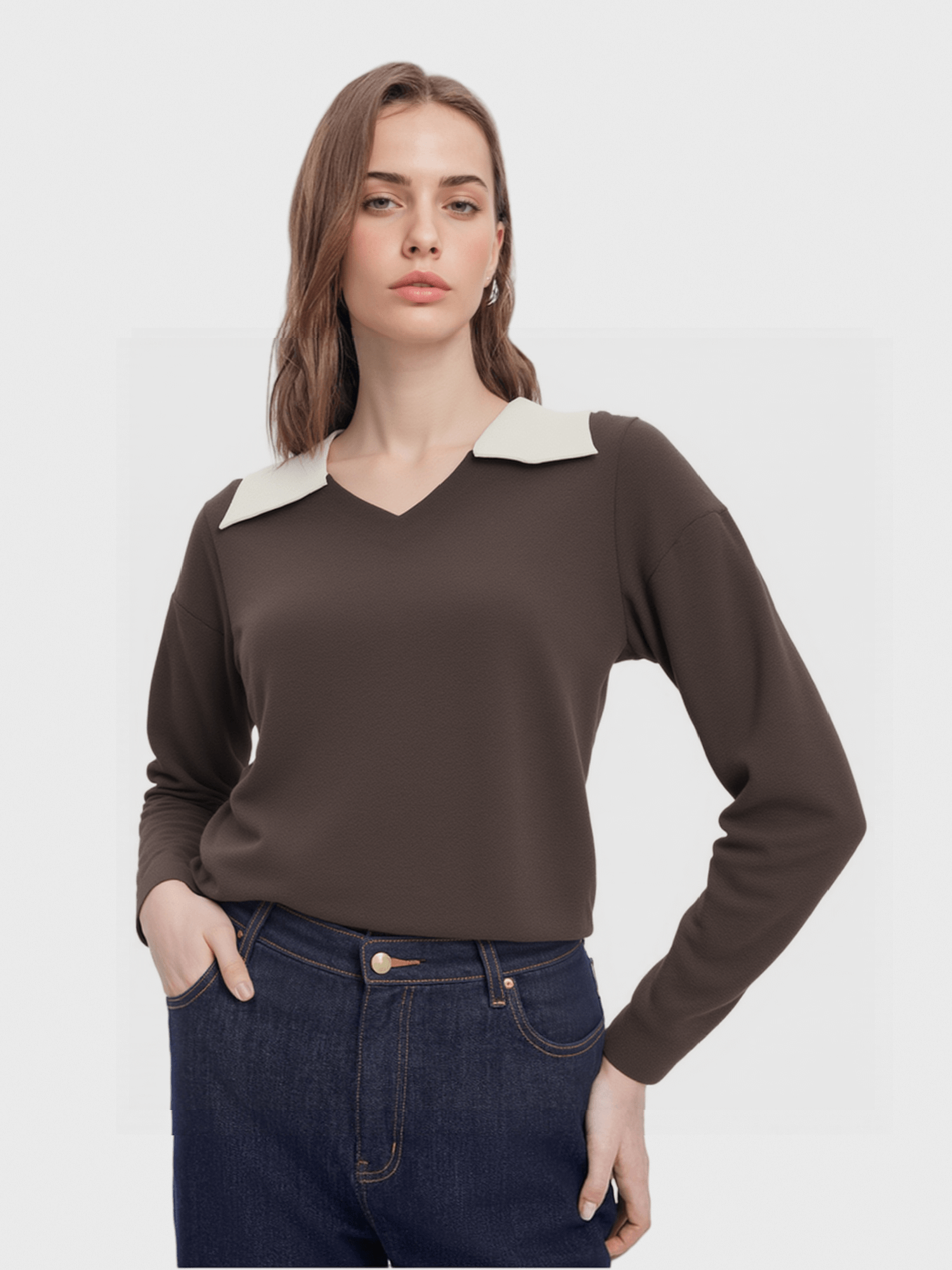 Brown V - Neck Sweater with White Collar