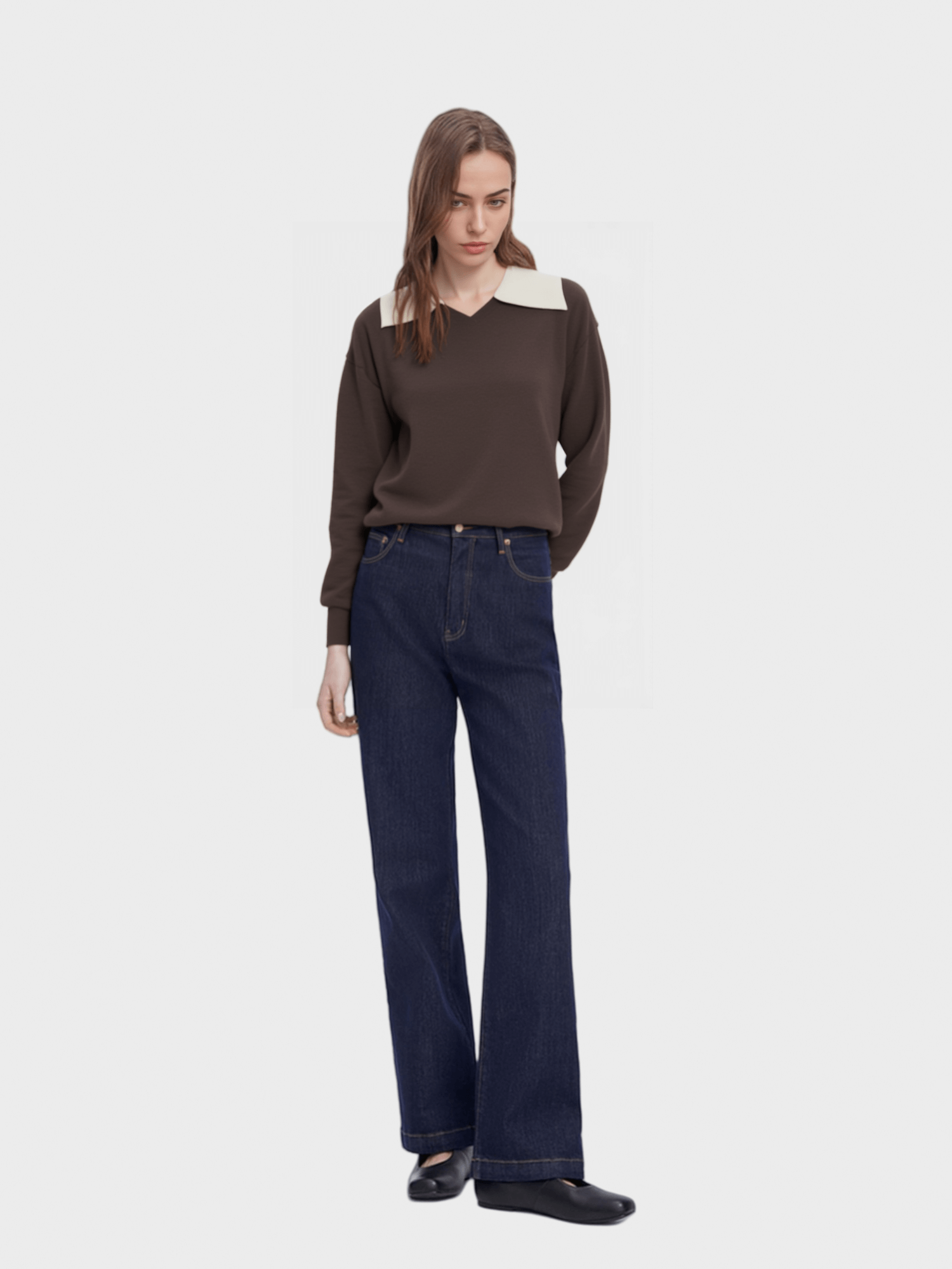Brown V - Neck Sweater with White Collar