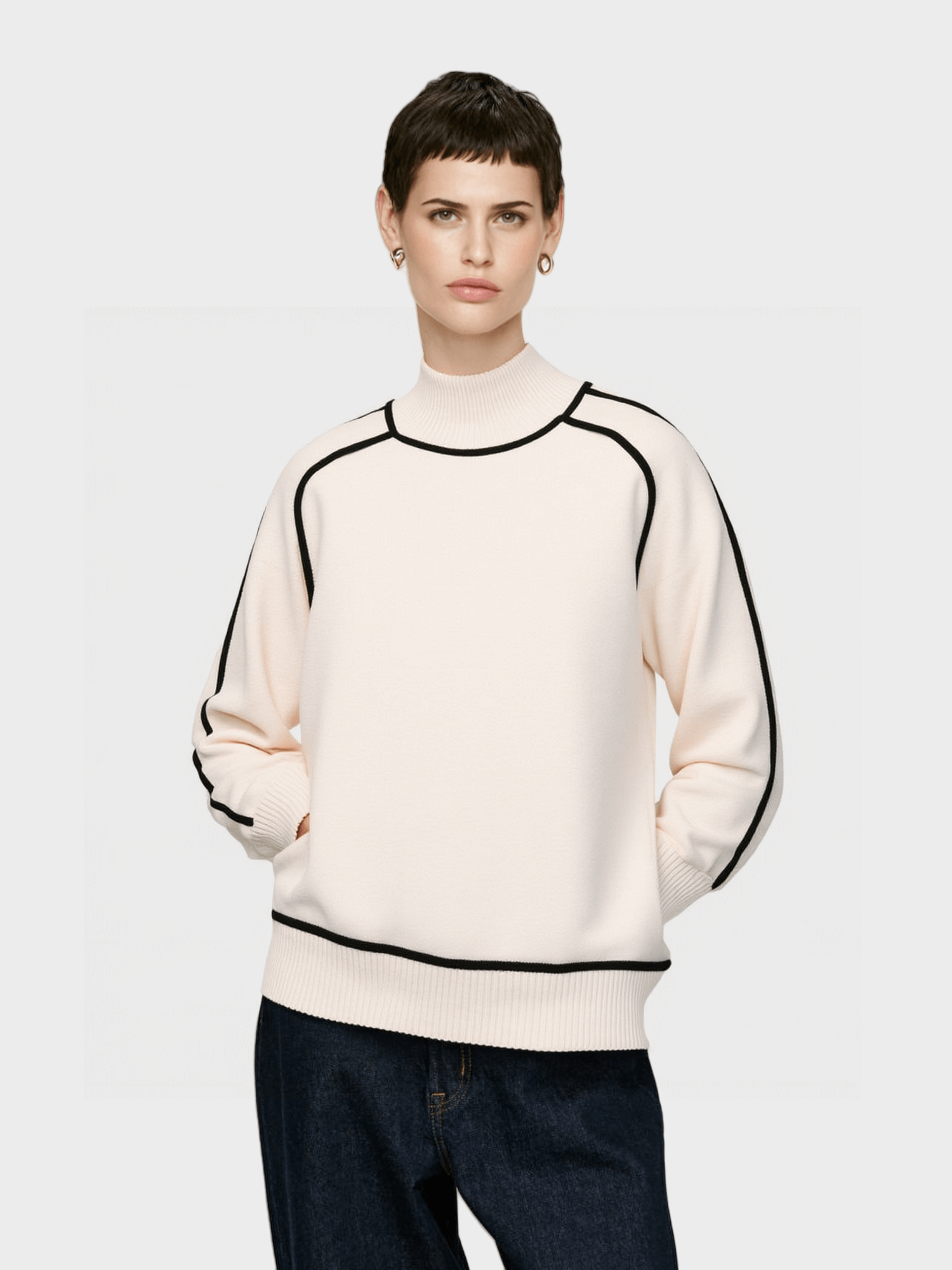 White Mock Neck Sweater with Black Piping
