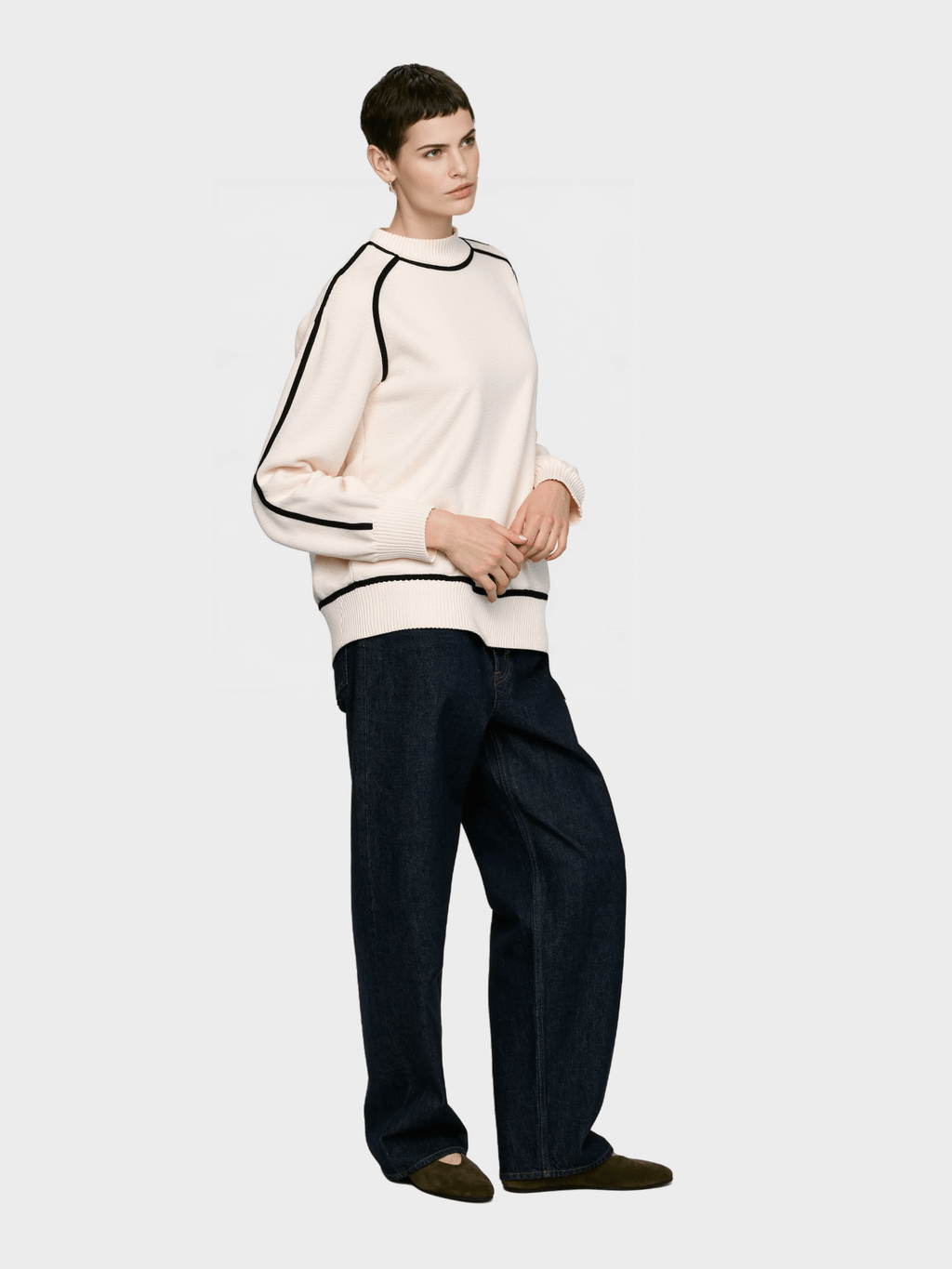 White Mock Neck Sweater with Black Piping