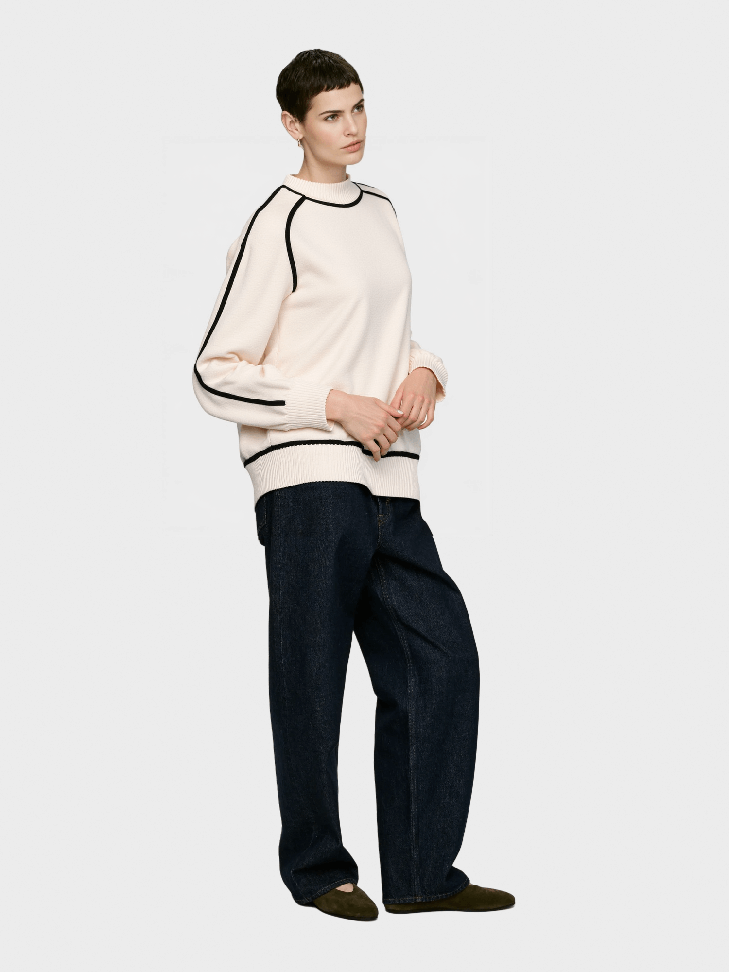 White Mock Neck Sweater with Black Piping