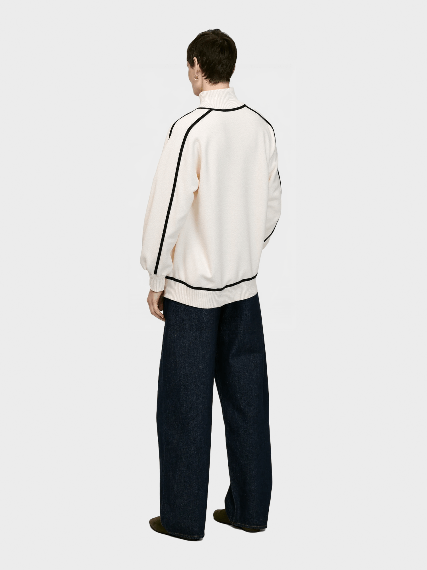 White Mock Neck Sweater with Black Piping