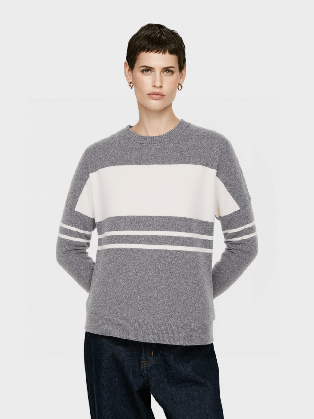 Grey & White Striped Crew Neck Sweater