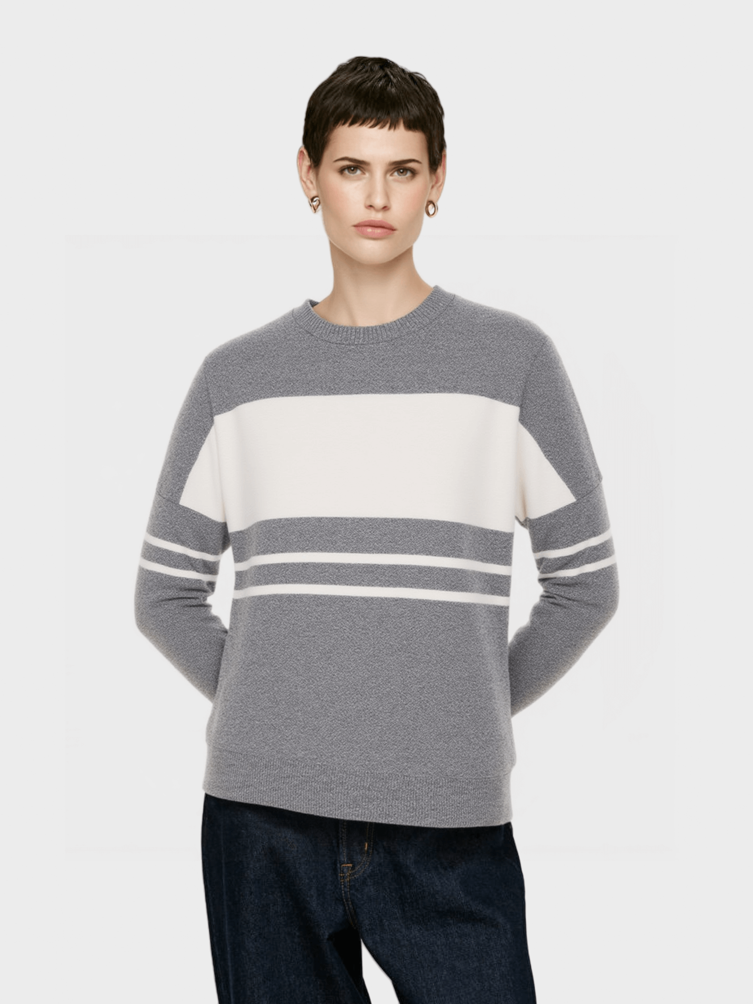 Grey & White Striped Crew Neck Sweater