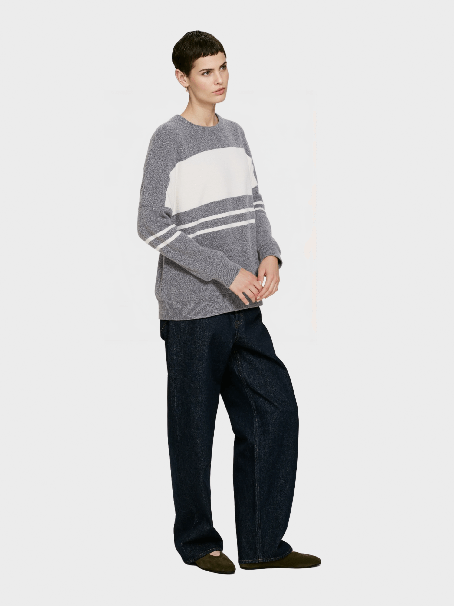 Grey & White Striped Crew Neck Sweater