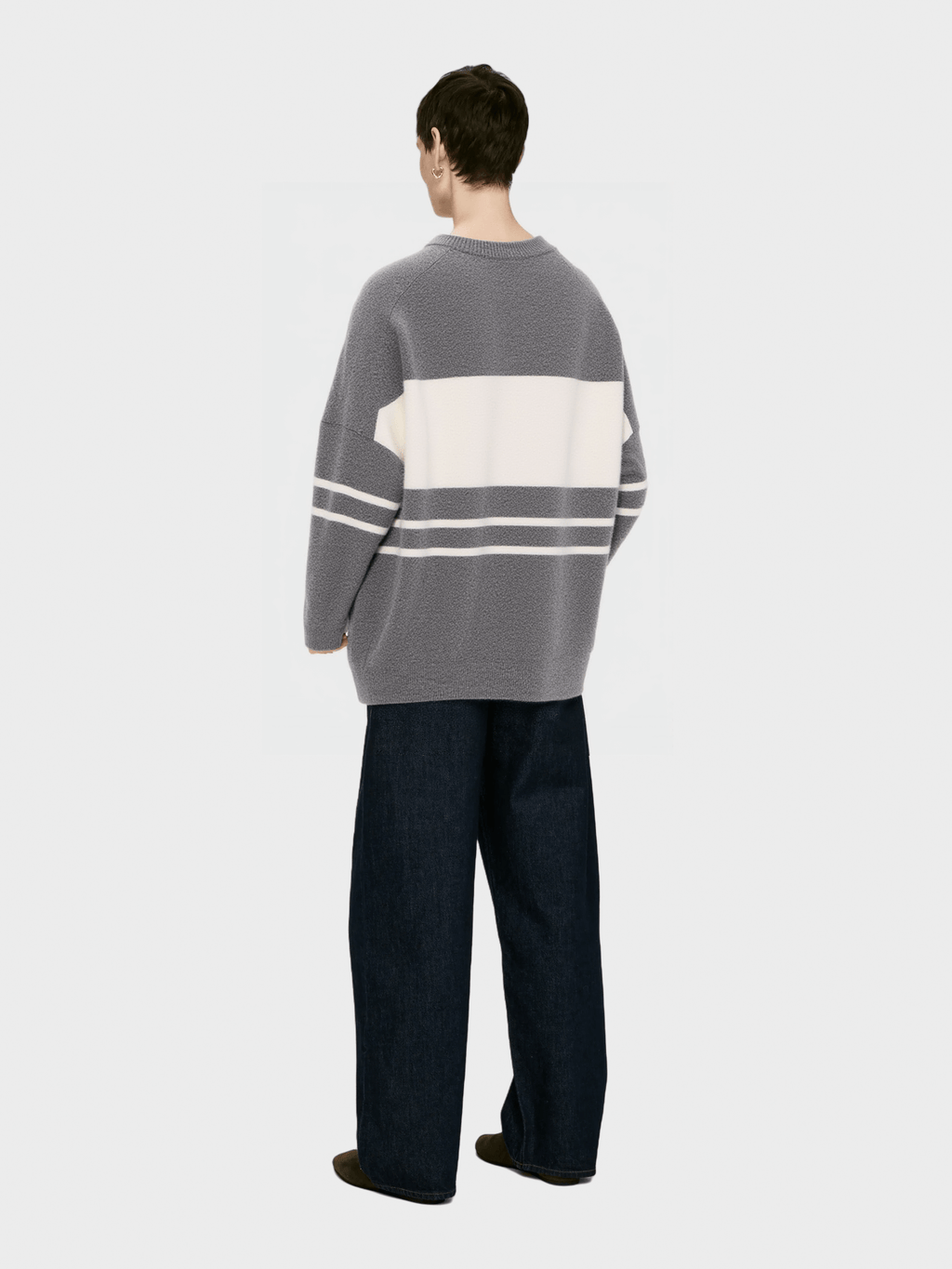 Grey & White Striped Crew Neck Sweater