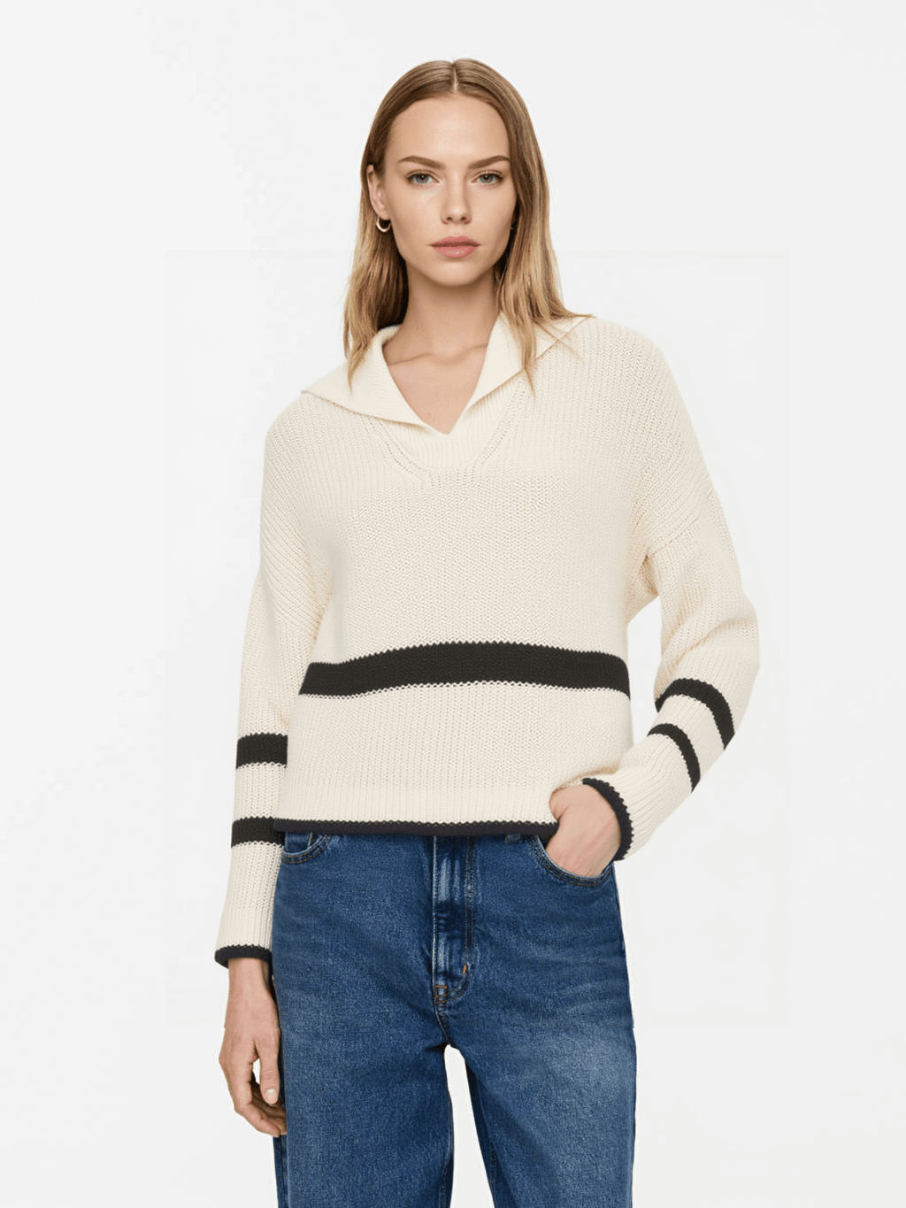 Cream Striped Collared Knit Sweater