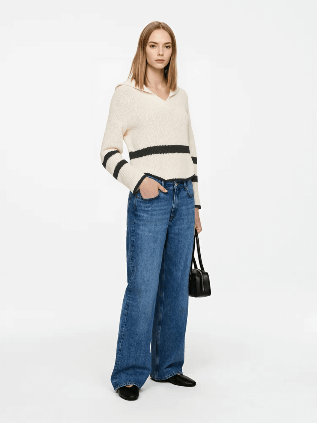 Cream Striped Collared Knit Sweater