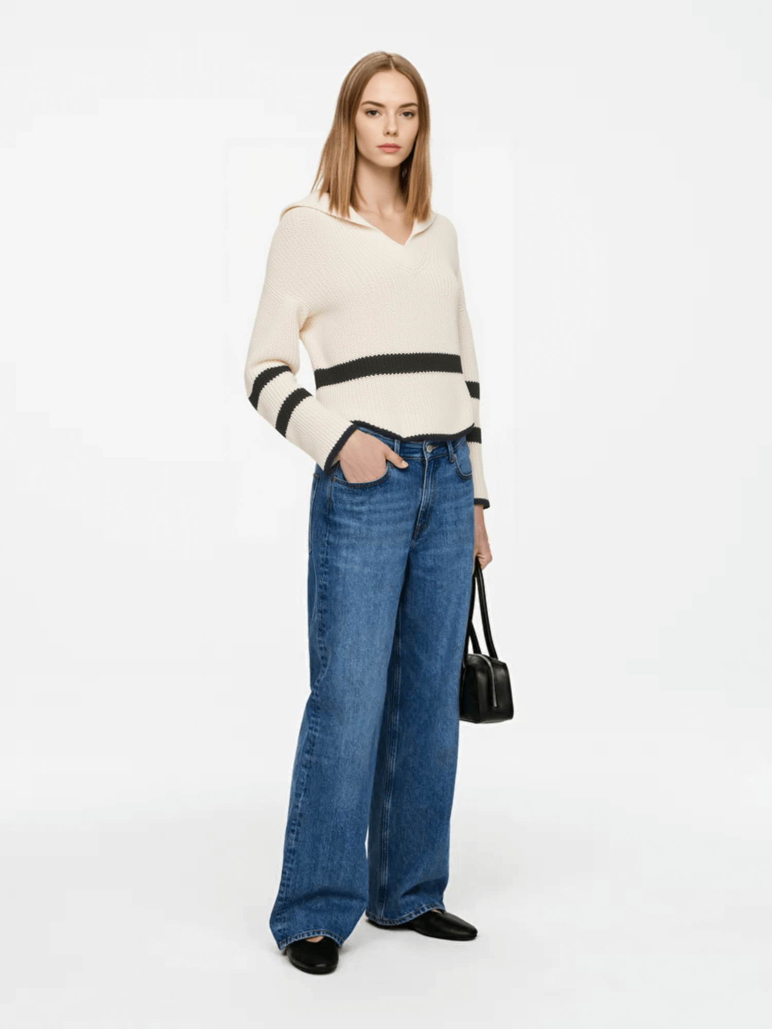 Cream Striped Collared Knit Sweater