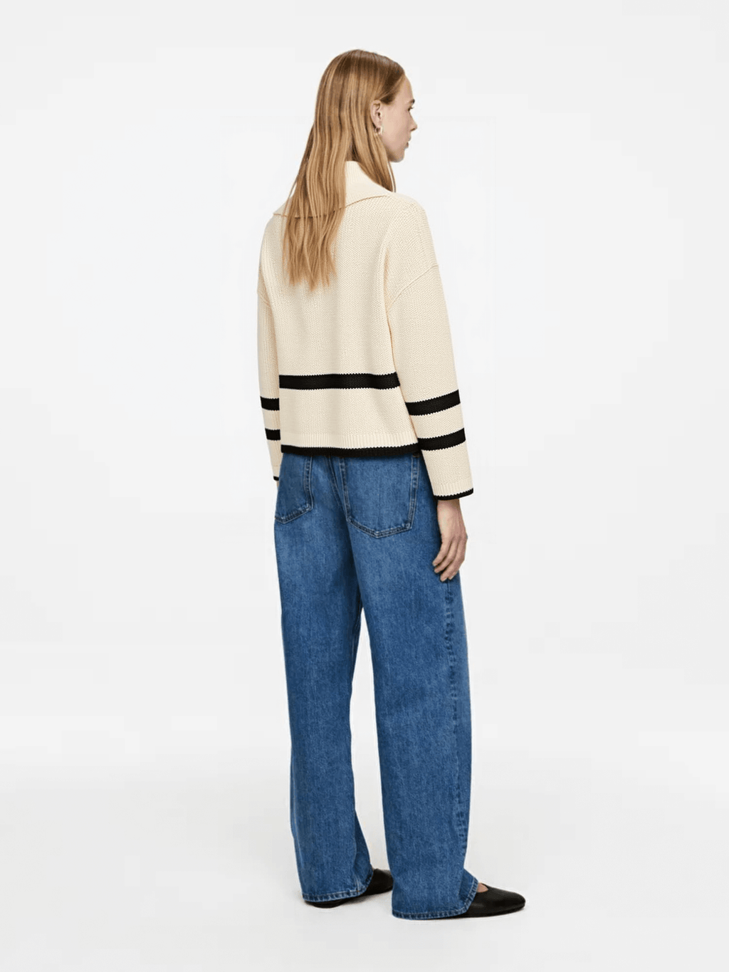 Cream Striped Collared Knit Sweater
