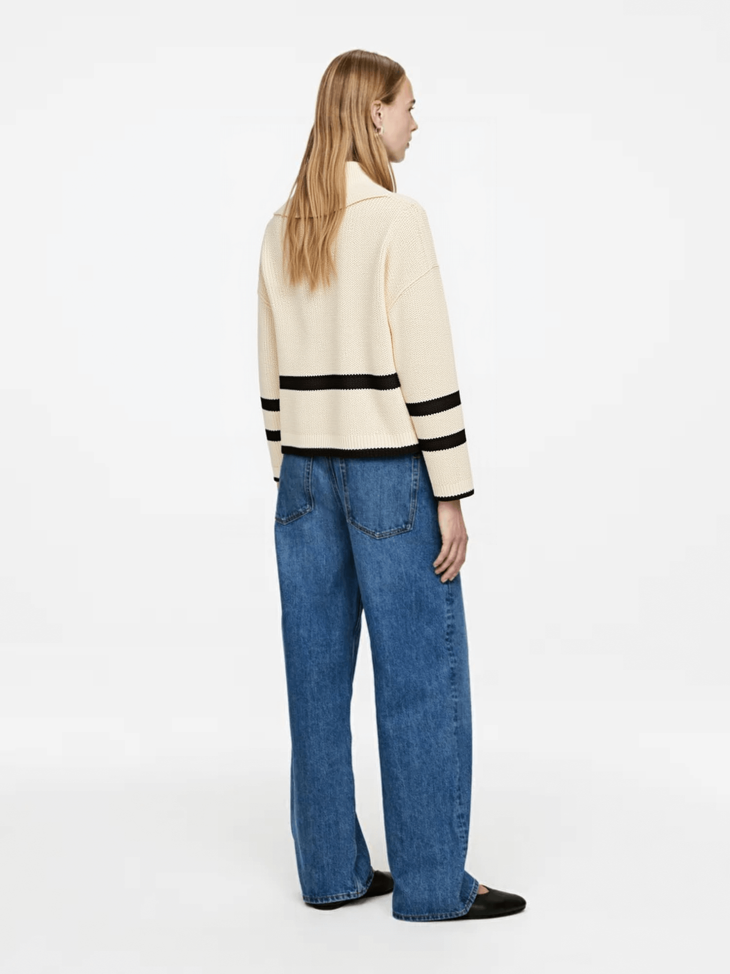Cream Striped Collared Knit Sweater