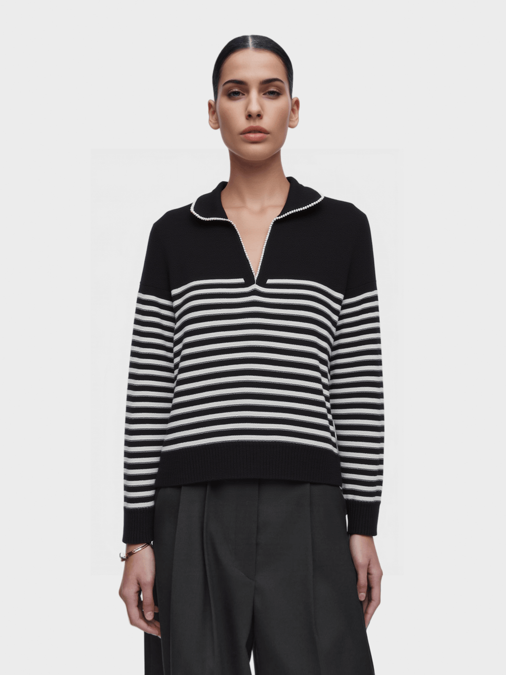 Black & White Striped Collared Knit Sweater