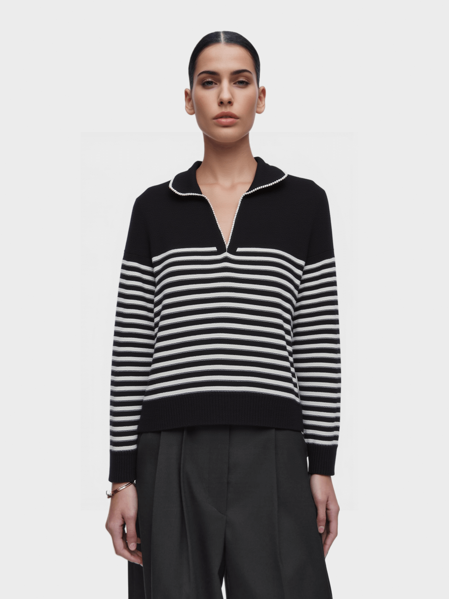 Black & White Striped Collared Knit Sweater