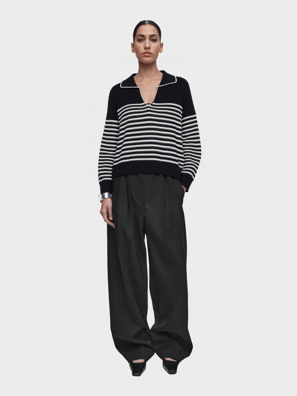 Black & White Striped Collared Knit Sweater