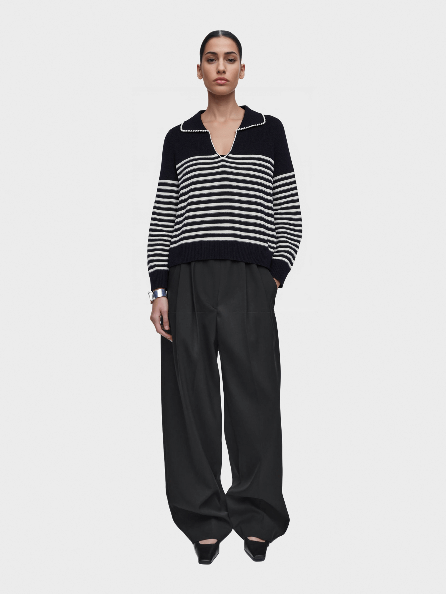 Black & White Striped Collared Knit Sweater