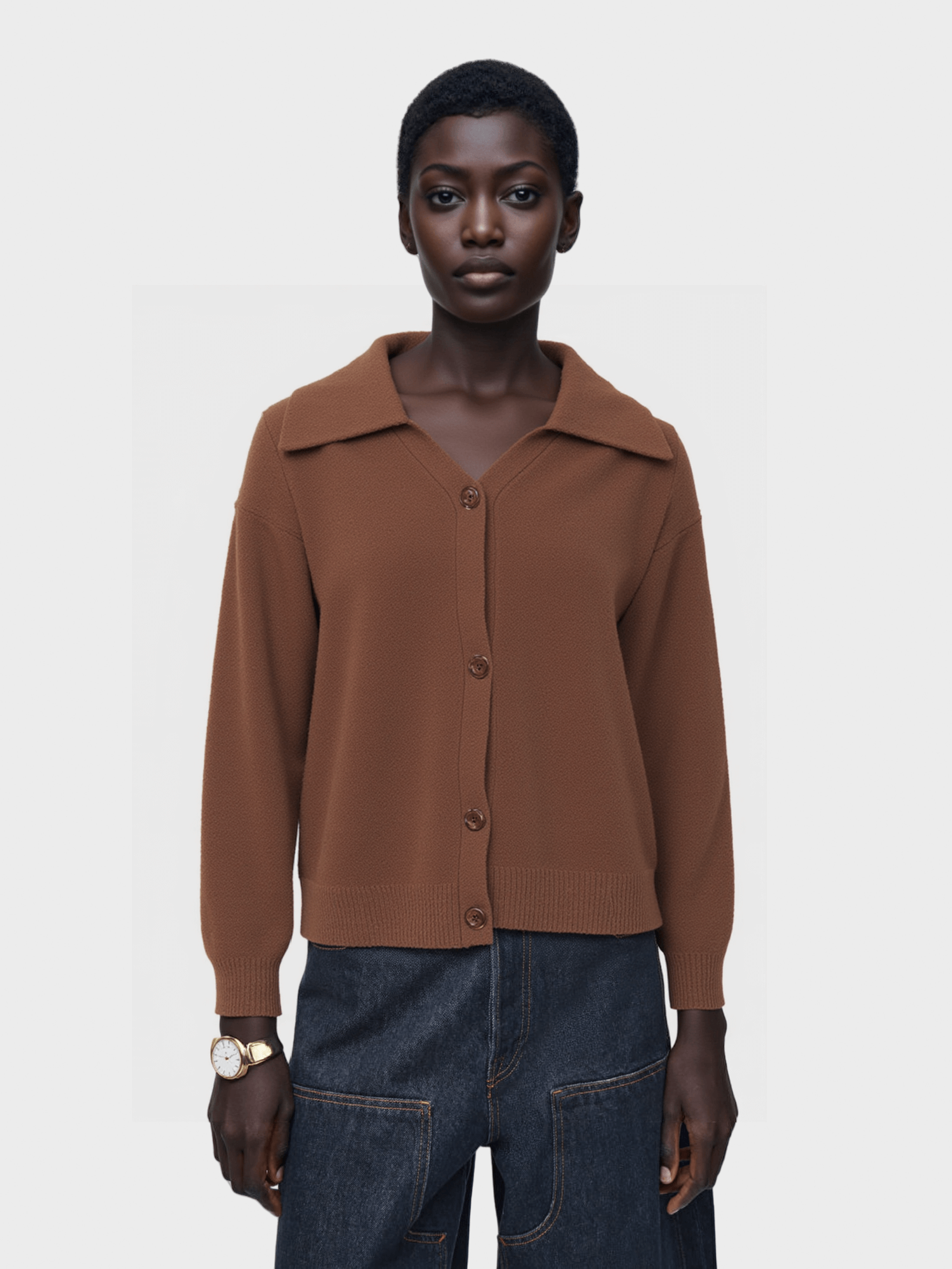 Brown Collared Knit Cardigan