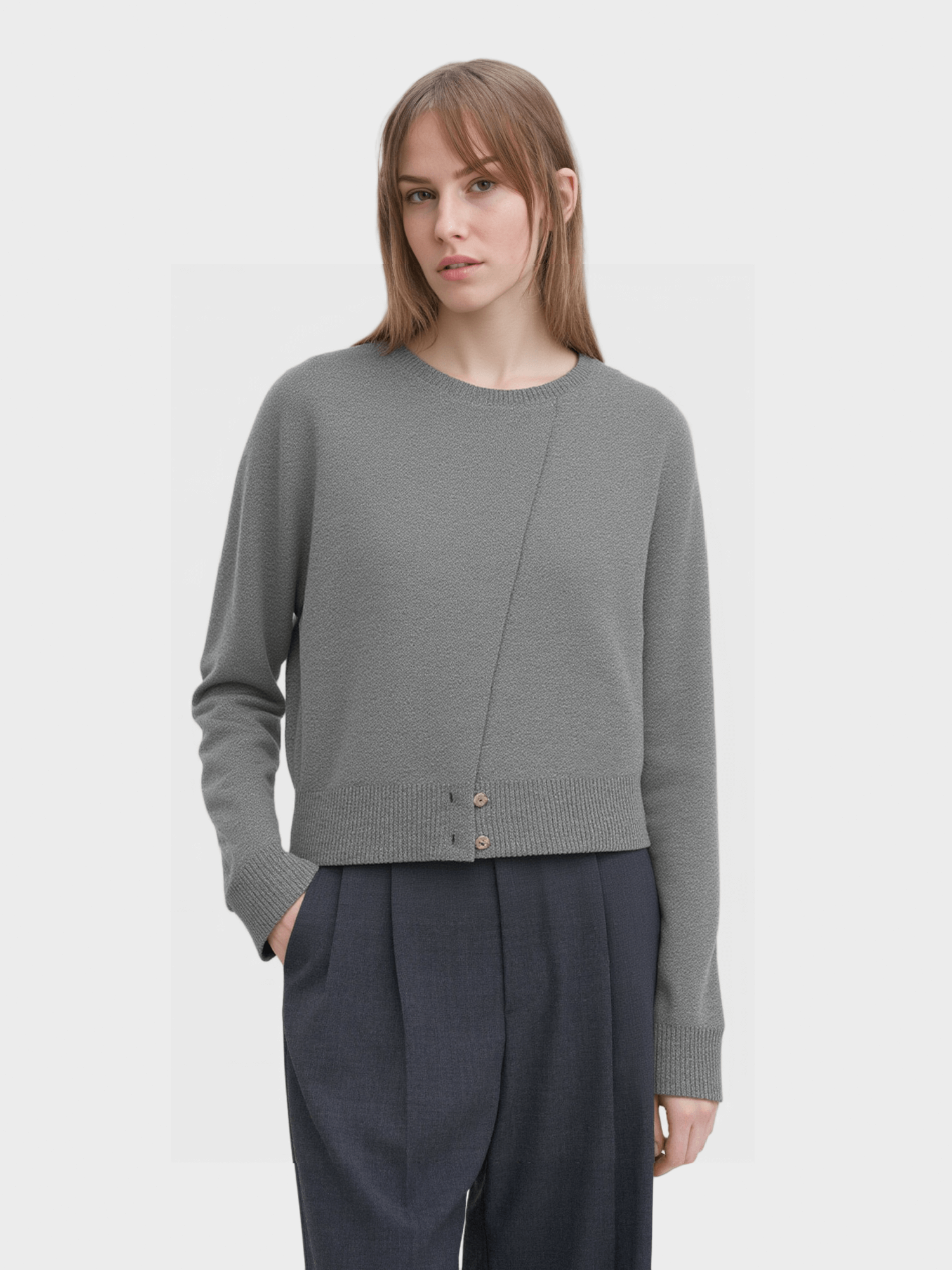 Grey Asymmetric Button Knit Sweater