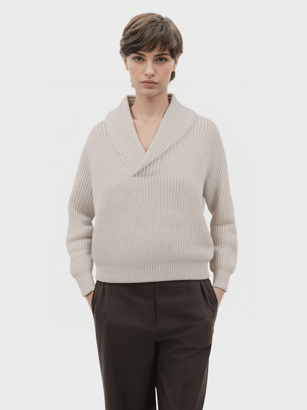 Beige Shawl Collar Knit Sweater